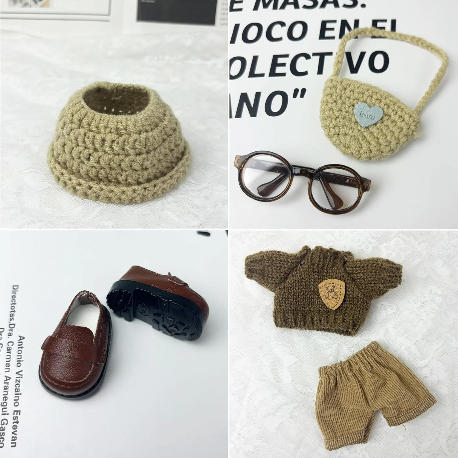 ست لباس و لوازم جانبی عروسک 6 تکه برای عروسک های پولیشی 17 سانتی متری، شامل کفش های قهوه ای، ژاکت، عینک، کیف، شلوار و کلاه بافتنی، هدیه برای دختران و کودکان (بدون عروسک)