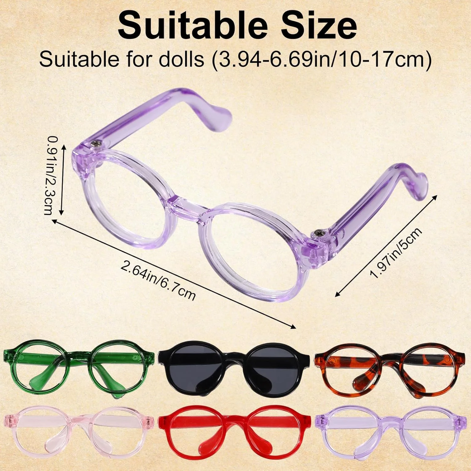 6 عدد عینک عروسکی 17 سانتی متری، 6 رنگ عینک مینی شیک PU لوازم جانبی مد عروسک (مشکی، طرح پلنگی، سبز، بنفش، قرمز، صورتی) (عروسک شامل نمی شود)