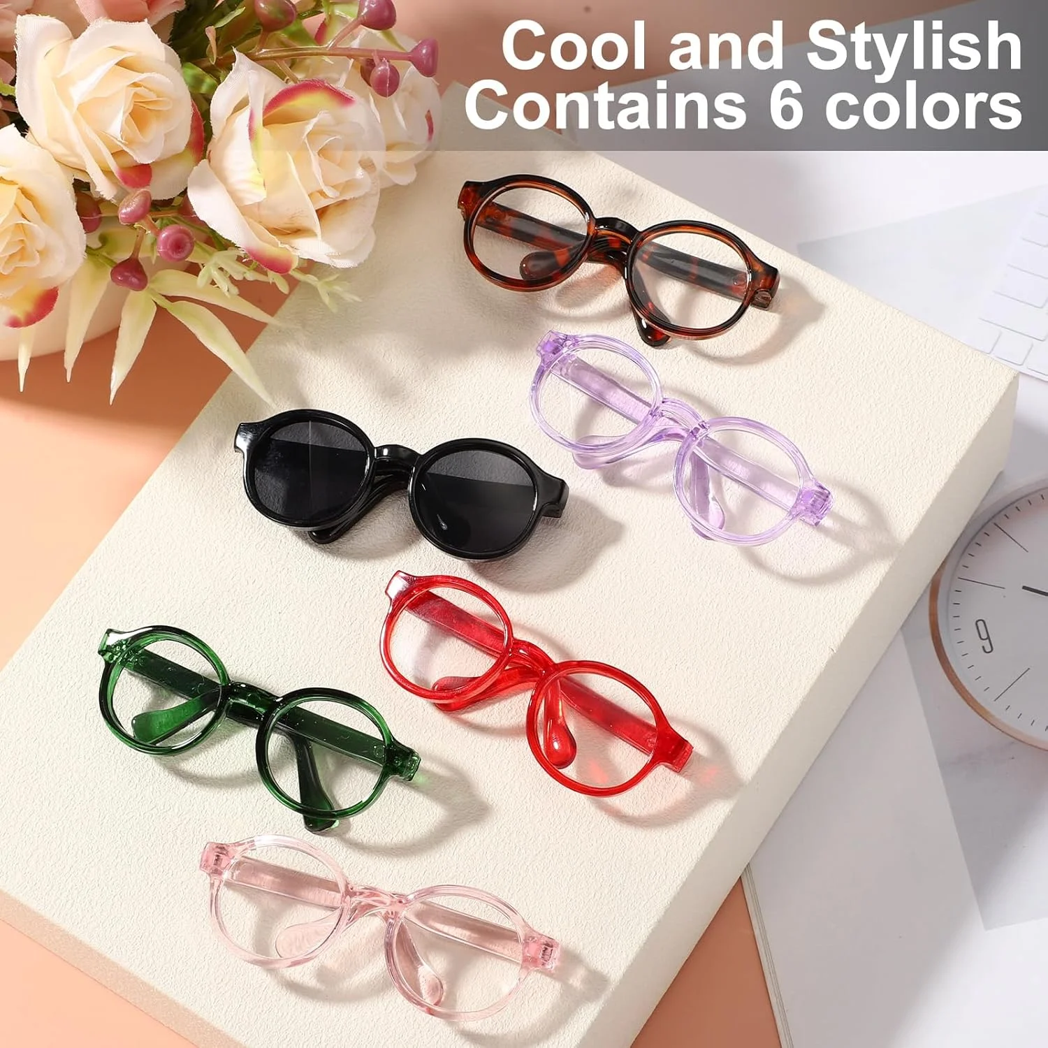 6 عدد عینک عروسکی 17 سانتی متری، 6 رنگ عینک مینی شیک PU لوازم جانبی مد عروسک (مشکی، طرح پلنگی، سبز، بنفش، قرمز، صورتی) (عروسک شامل نمی شود)