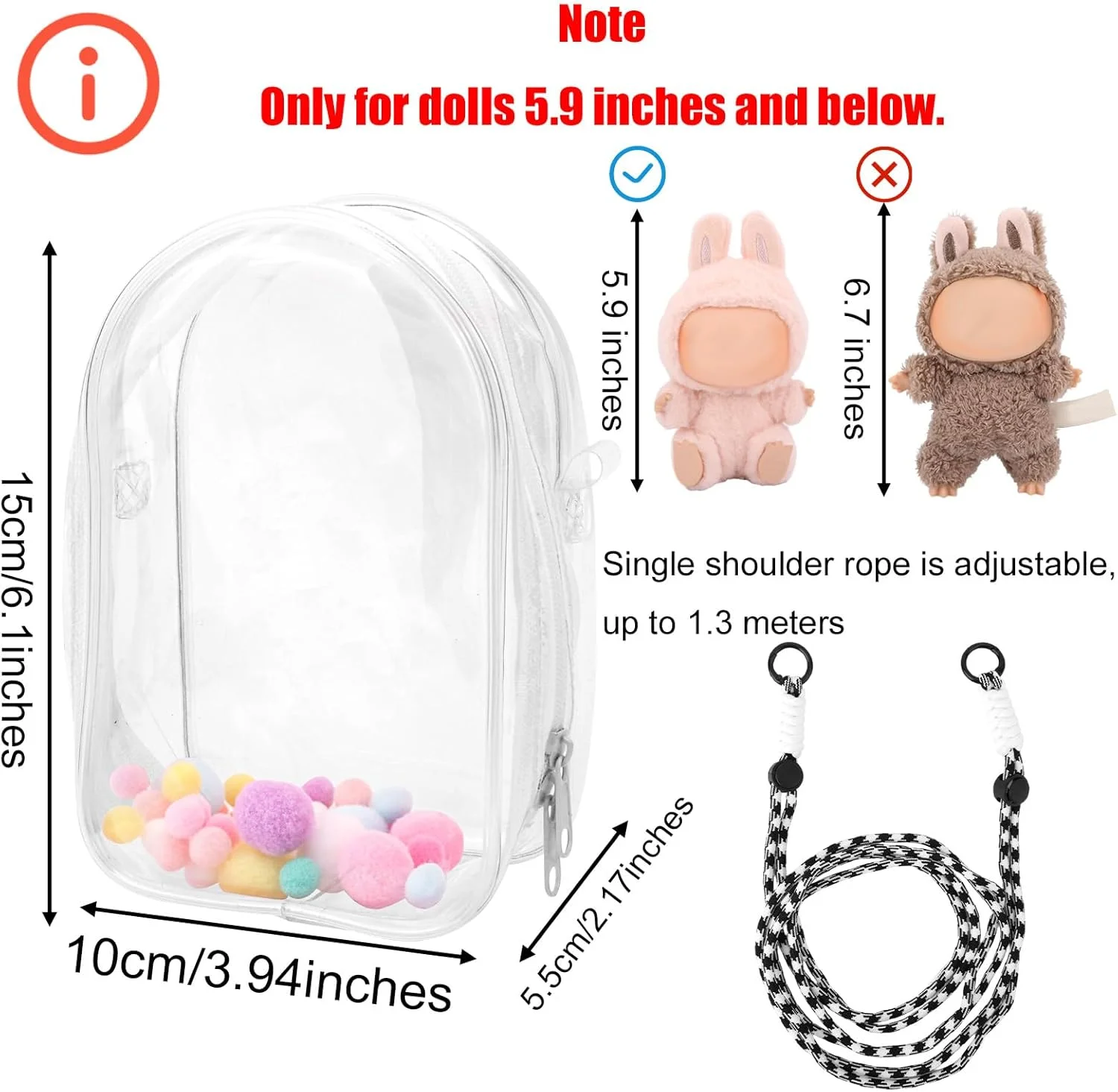 کیف محافظ عروسک شفاف Tinoaly، کیف نگهداری عروسک پولیشی، کیف کراس بادی قابل حمل PVC، کاور آویز عروسک با جاکلیدی برای لوازم جانبی عروسک های 15 سانتی متری (سفید)