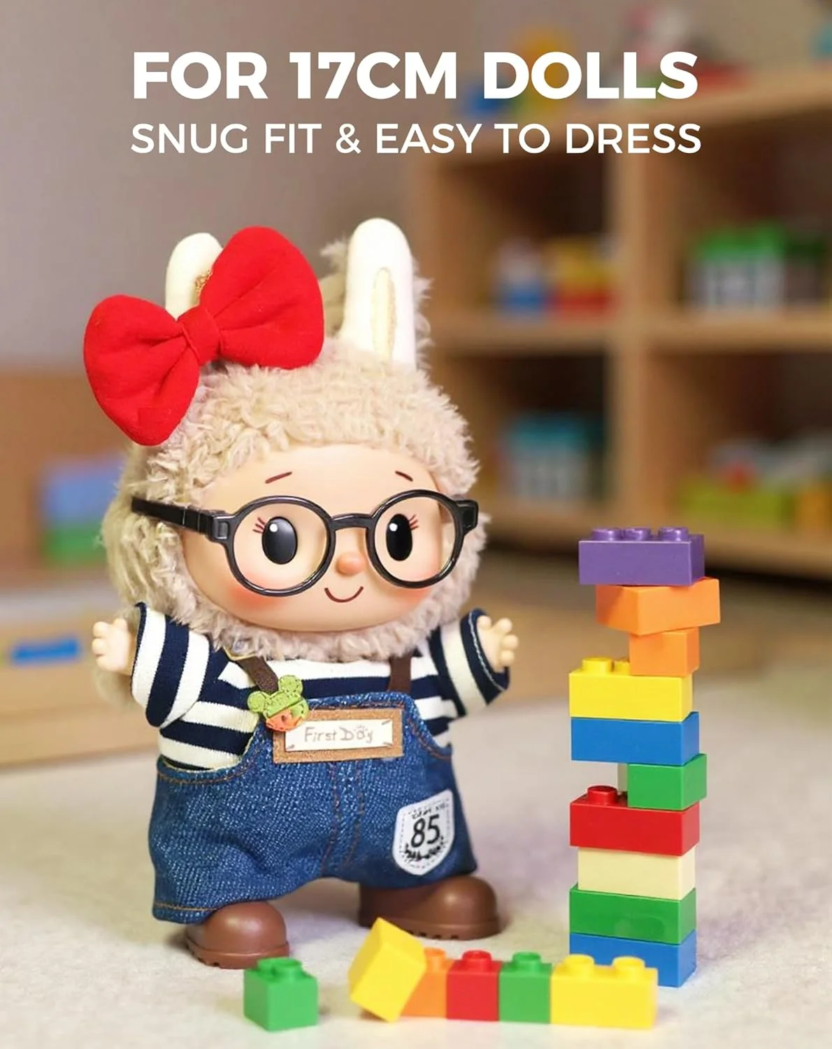 WVSAFV لباس برای عروسک Iabuu با قد 6.69 اینچ، ست لباس ممتاز با لوازم جانبی، ست عروسک بافتنی نرم و شیک (بدون عروسک)، پاپیون قرمز و سرهمی جین