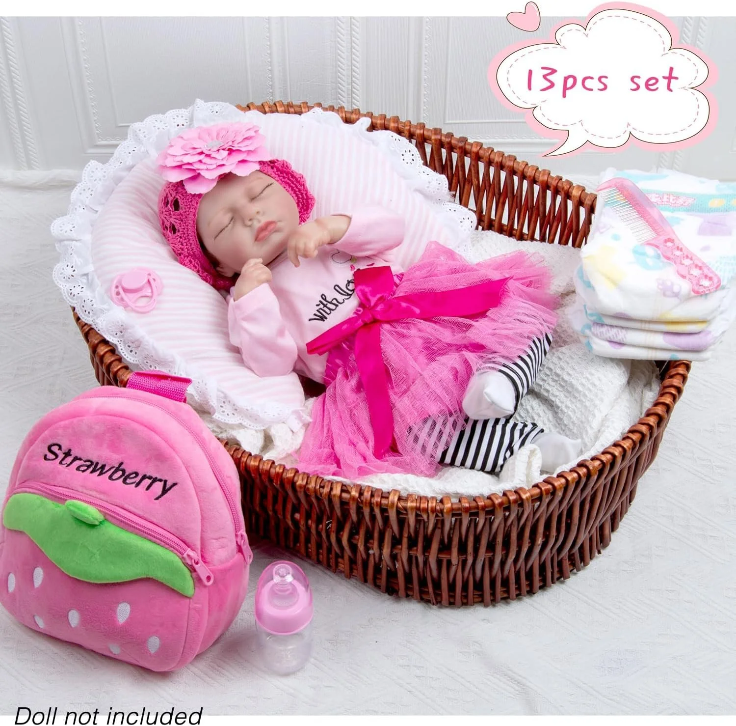 13 تکه لباس و لوازم جانبی عروسک نوزاد ریبورن برای عروسک های 18-22 اینچی، لباس عروسک های ریبورن، کوله پشتی توت فرنگی صورتی، لوازم جانبی پوشک