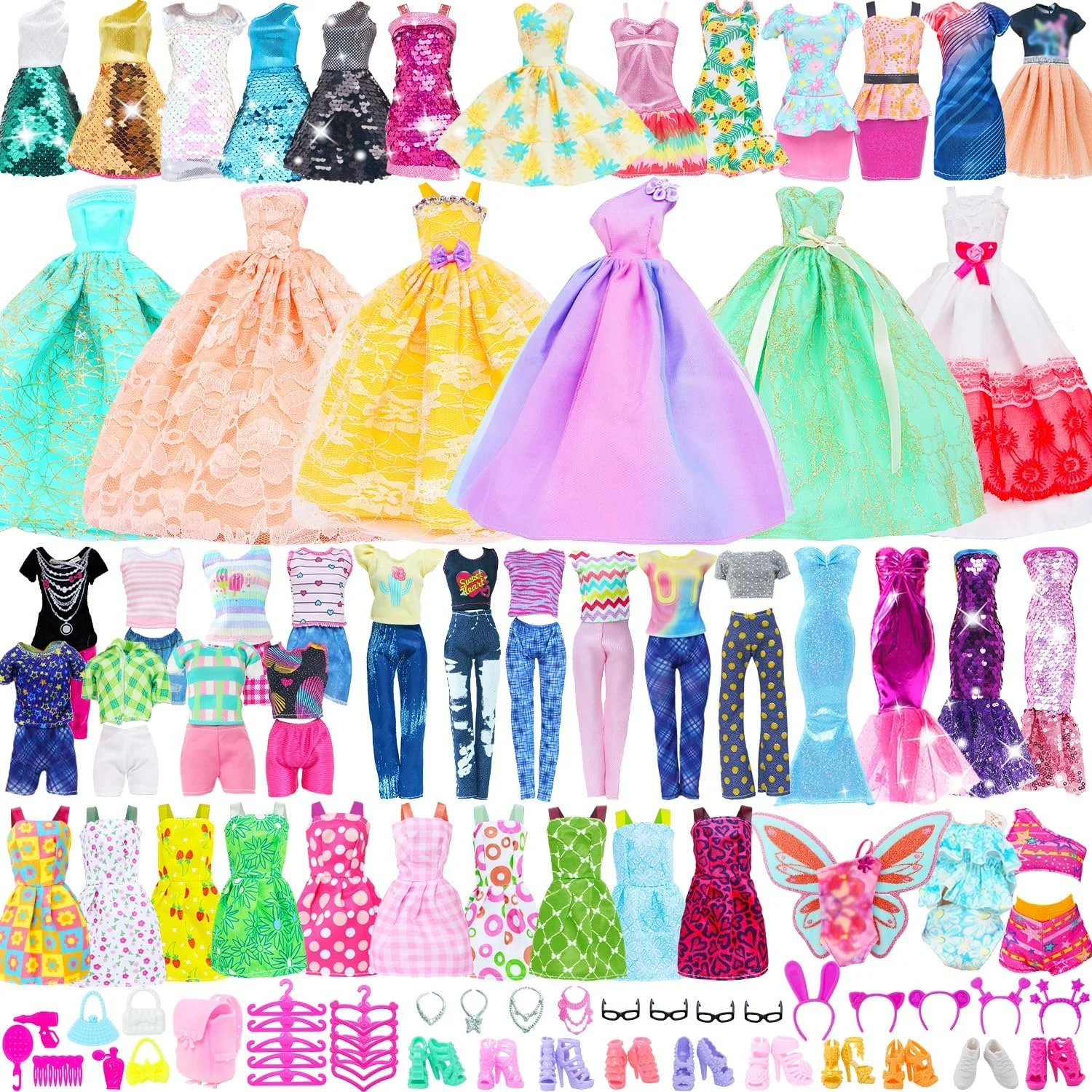 QBPKQY 61 تکه لباس و لوازم جانبی عروسک، 3 لباس عروسی، 10 لباس مد روز، 1 لباس شب، 3 لباس روزمره، شلوار تاپ، 1 لباس شنا، 10 کفش، 10 چوب لباسی، 23 لوازم جانبی برای عروسک دخترانه 11.5 اینچی (بدون عروسک)
