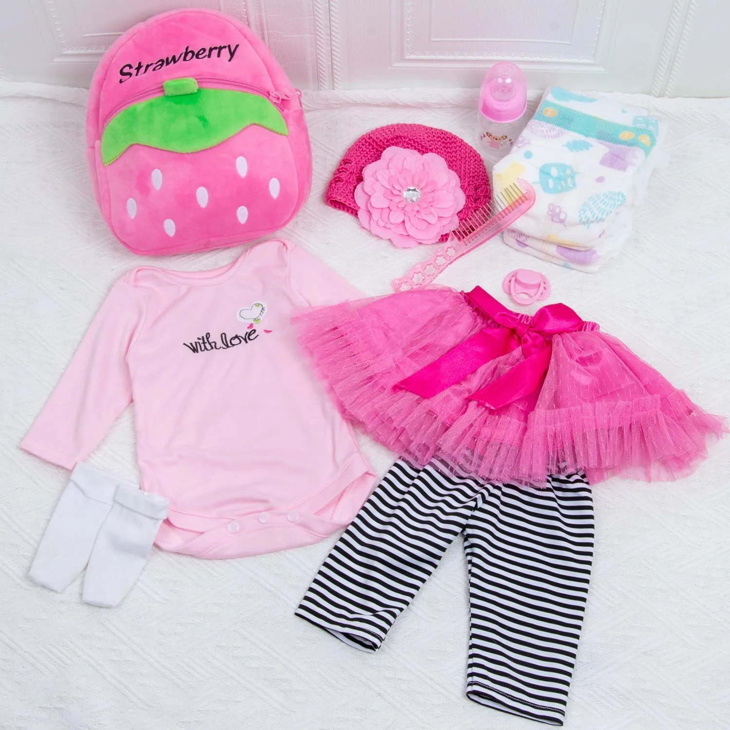 13 تکه لباس و لوازم جانبی عروسک نوزاد ریبورن برای عروسک های 18-22 اینچی، لباس عروسک های ریبورن، کوله پشتی توت فرنگی صورتی، لوازم جانبی پوشک