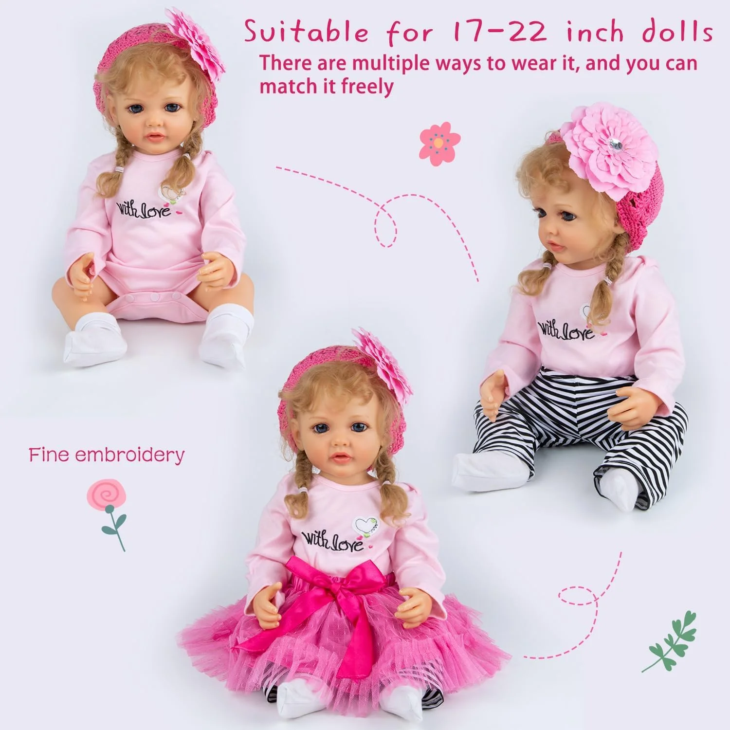 13 تکه لباس و لوازم جانبی عروسک نوزاد ریبورن برای عروسک های 18-22 اینچی، لباس عروسک های ریبورن، کوله پشتی توت فرنگی صورتی، لوازم جانبی پوشک