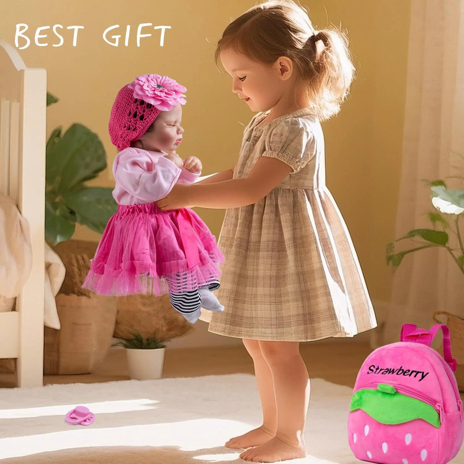 13 تکه لباس و لوازم جانبی عروسک نوزاد ریبورن برای عروسک های 18-22 اینچی، لباس عروسک های ریبورن، کوله پشتی توت فرنگی صورتی، لوازم جانبی پوشک