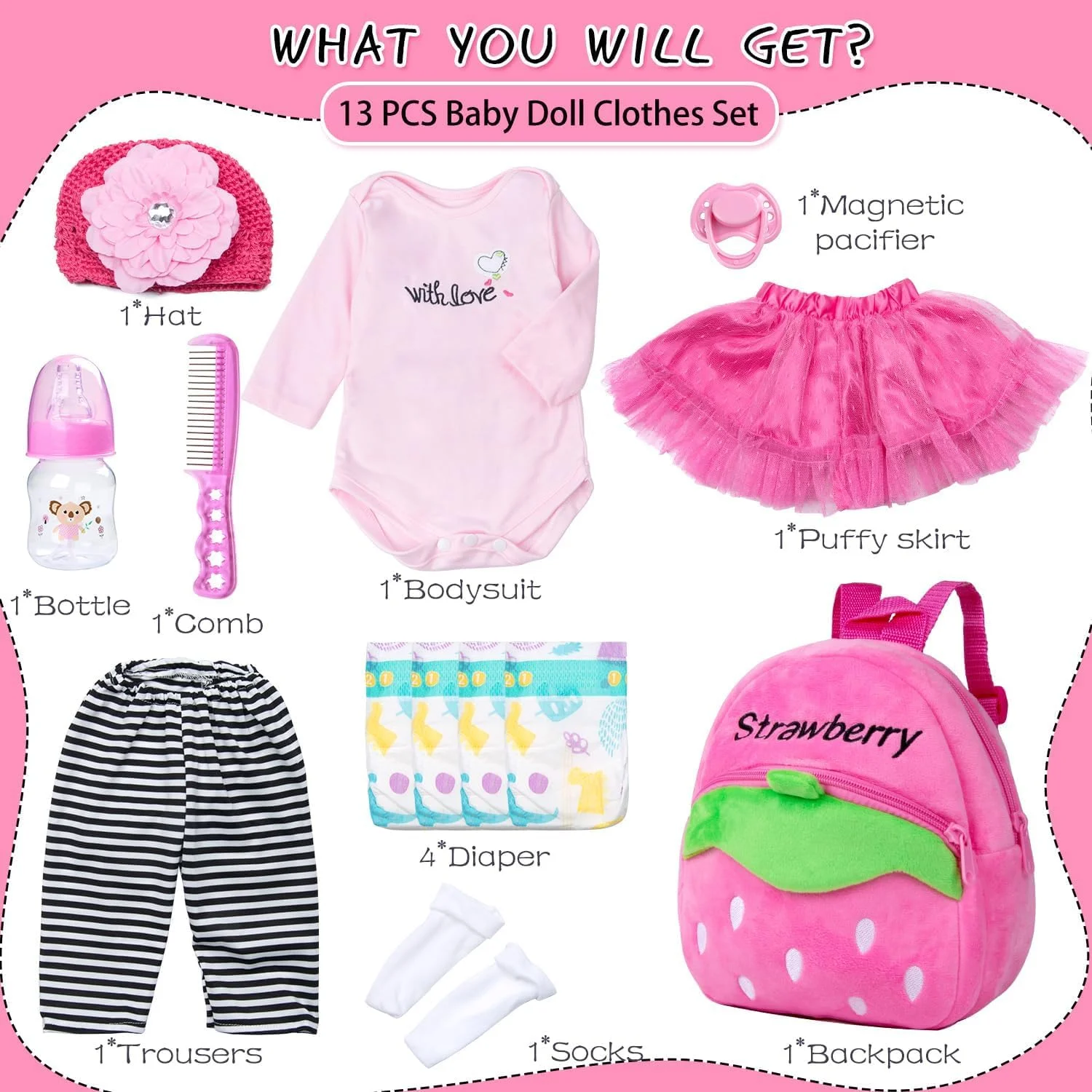 13 تکه لباس و لوازم جانبی عروسک نوزاد ریبورن برای عروسک های 18-22 اینچی، لباس عروسک های ریبورن، کوله پشتی توت فرنگی صورتی، لوازم جانبی پوشک