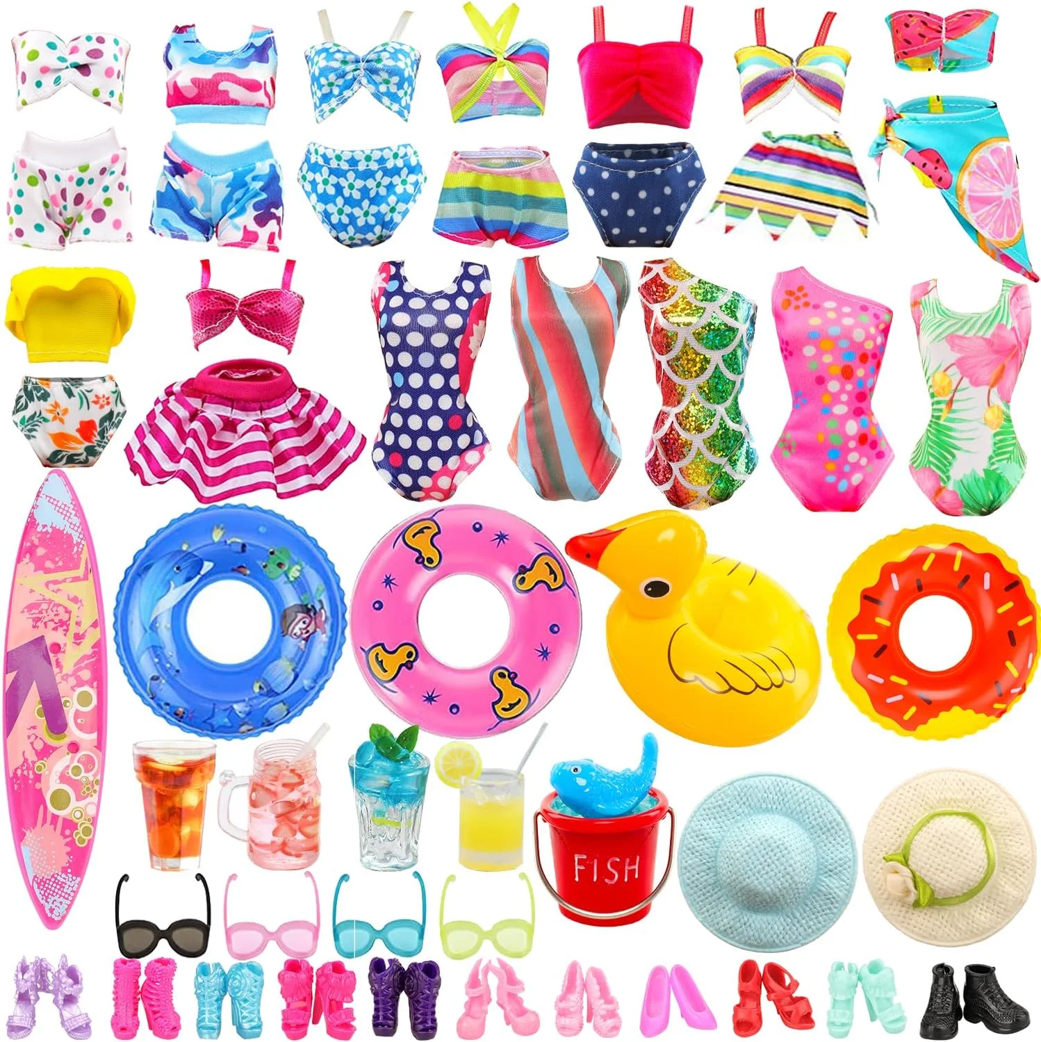 ENOCHT ست 31 تکه لباس شنا و لوازم جانبی عروسک شامل 10 لباس شنای بیکینی، 2 حلقه شنا، 1 اسکیت بورد موج سواری، 1 نوشیدنی، 1 سطل، 2 کلاه و 10 جفت کفش برای عروسک 11.5 اینچی