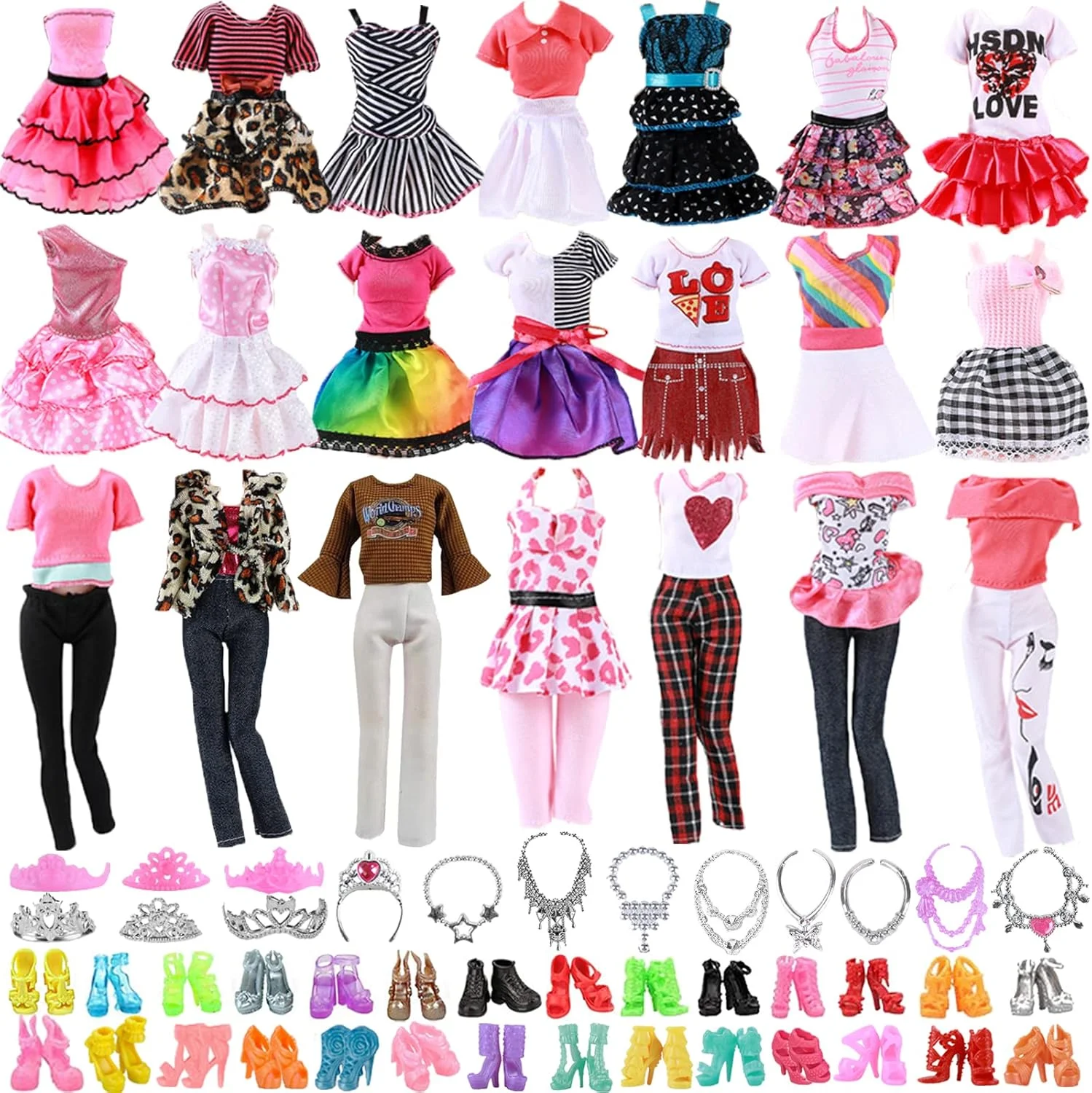 ست لباس و لوازم جانبی عروسک 28 تکه Xerteam، شامل 3 پیراهن، 3 لباس مد روز، 10 کفش، 12 لوازم جانبی جواهرات، لباس هدیه تولد برای دختران، مناسب برای عروسک های 11.5 اینچی (مدل تصادفی)