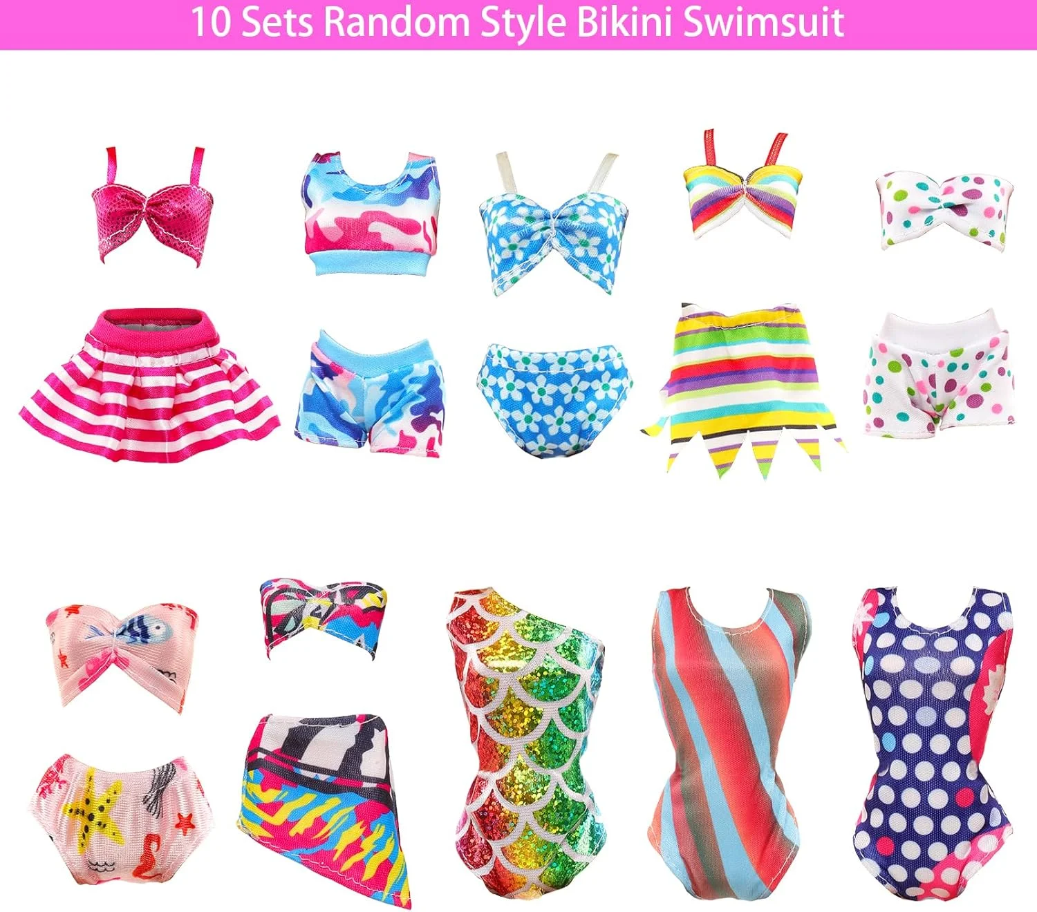 ENOCHT ست 31 تکه لباس شنا و لوازم جانبی عروسک شامل 10 لباس شنای بیکینی، 2 حلقه شنا، 1 اسکیت بورد موج سواری، 1 نوشیدنی، 1 سطل، 2 کلاه و 10 جفت کفش برای عروسک 11.5 اینچی