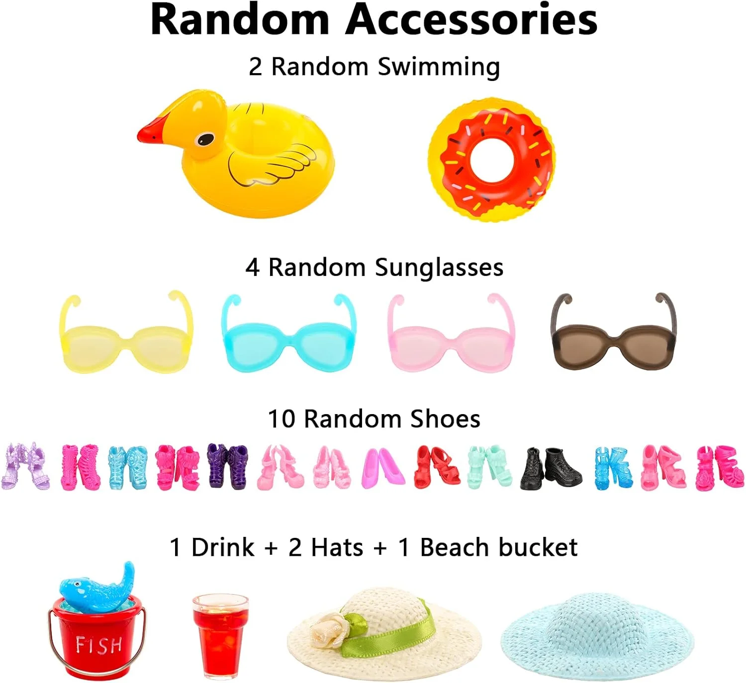 ENOCHT ست 31 تکه لباس شنا و لوازم جانبی عروسک شامل 10 لباس شنای بیکینی، 2 حلقه شنا، 1 اسکیت بورد موج سواری، 1 نوشیدنی، 1 سطل، 2 کلاه و 10 جفت کفش برای عروسک 11.5 اینچی
