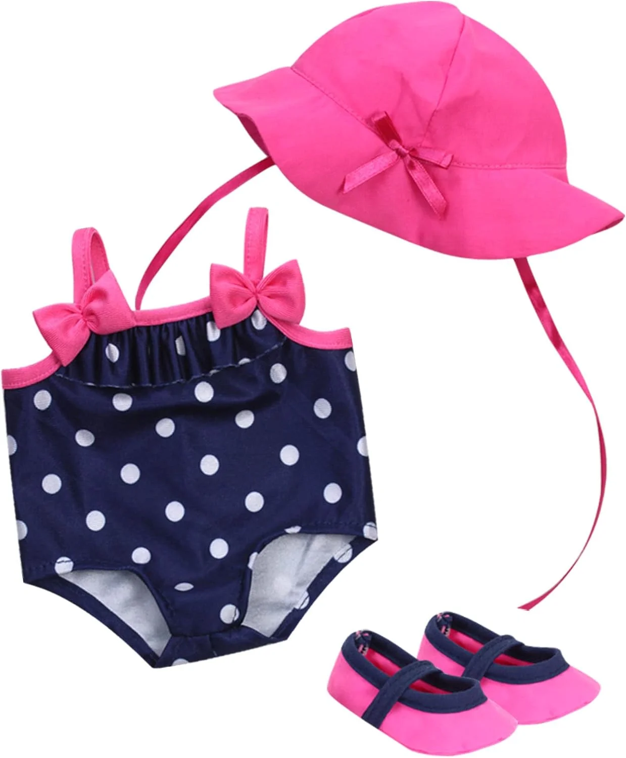 ست لباس شنای خالدار نیروی دریایی سوفیا برای عروسک های 15 اینچی، کلاه صورتی چرک و کفش های آبی ست | ایده آل برای عروسک های Bitty Baby و بیشتر!