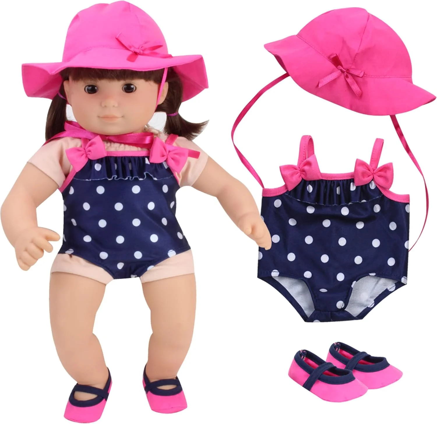 ست لباس شنای خالدار نیروی دریایی سوفیا برای عروسک های 15 اینچی، کلاه صورتی چرک و کفش های آبی ست | ایده آل برای عروسک های Bitty Baby و بیشتر!
