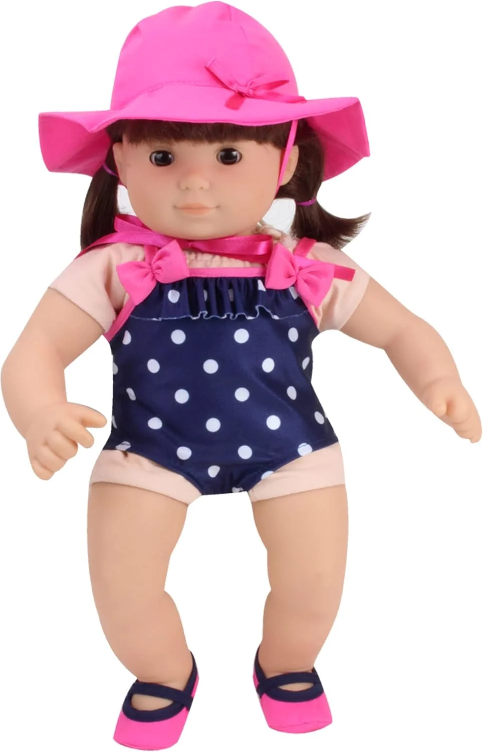 ست لباس شنای خالدار نیروی دریایی سوفیا برای عروسک های 15 اینچی، کلاه صورتی چرک و کفش های آبی ست | ایده آل برای عروسک های Bitty Baby و بیشتر!