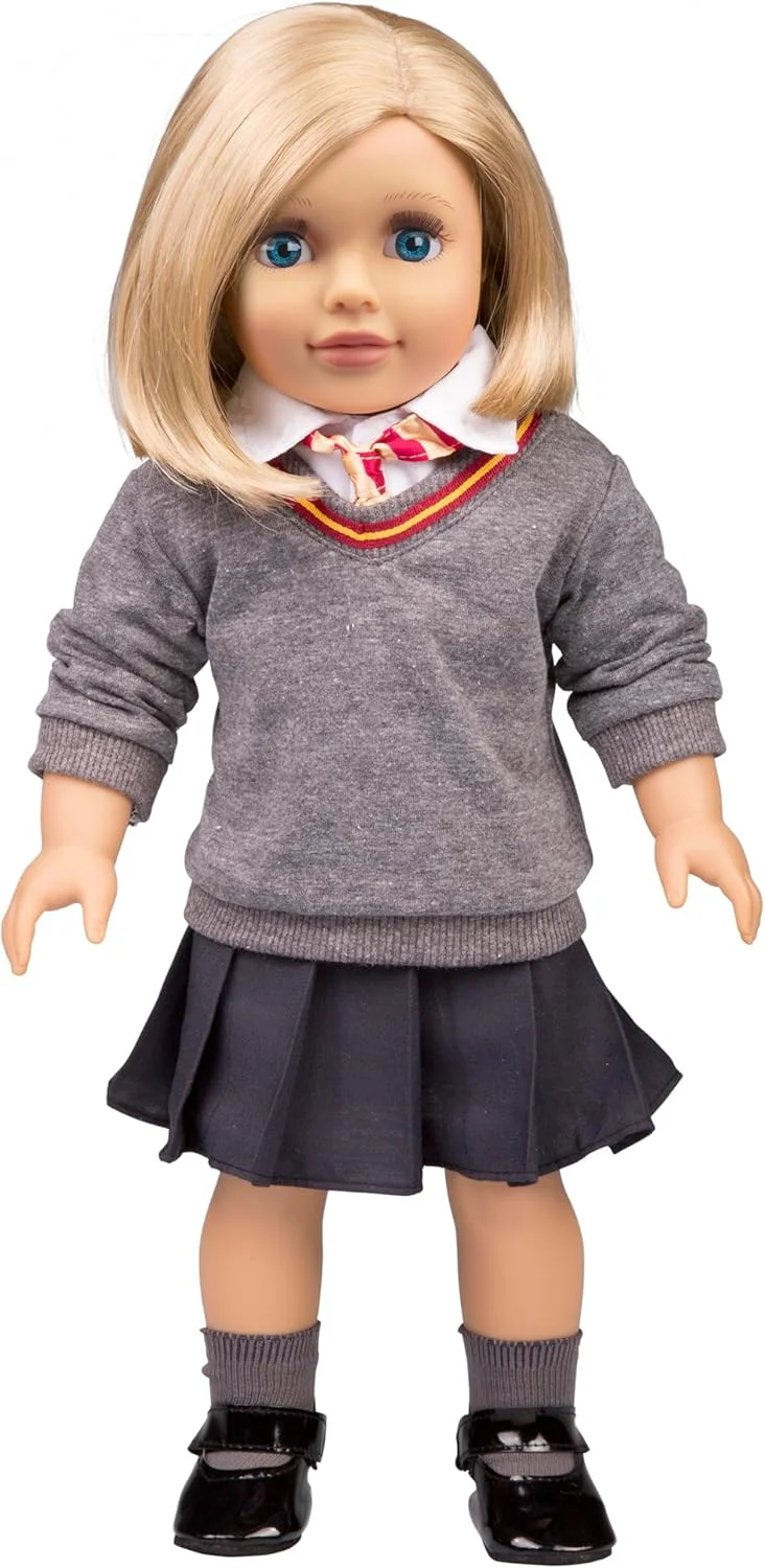 لباس عروسک الهام گرفته از هرمیون گرنجر Dress Along Dolly برای عروسک های امریکن گرل، لباس مدرسه 6 تکه شبیه هاگوارتز (پیراهن، دامن، ژاکت، کراوات، جوراب و کفش)