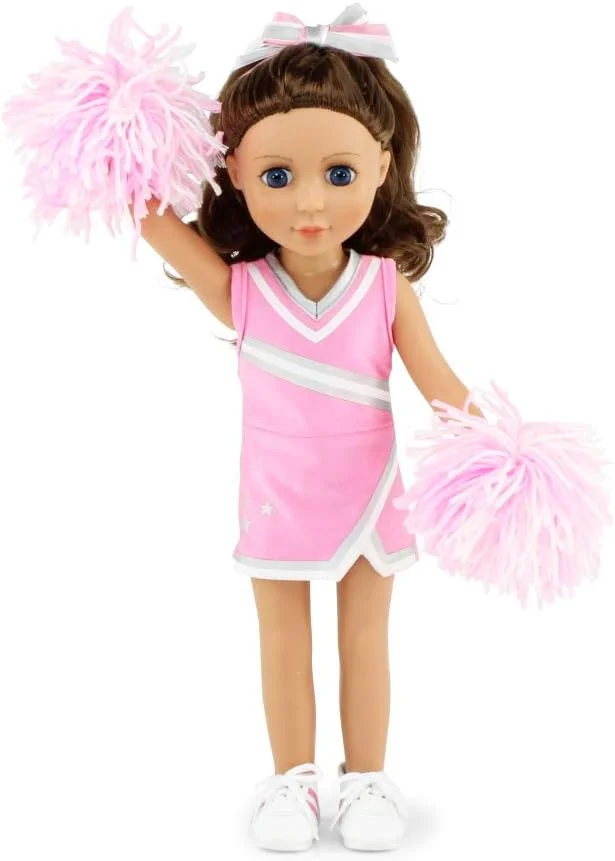 لباس عروسک 14 اینچی امیلی رز | لباس تشویق کننده صورتی، شامل پوم پوم، شورت، کش مو و کفش | سازگار با عروسک های 14 اینچی امریکن گرل ولی ویشرز و عروسک های مشابه