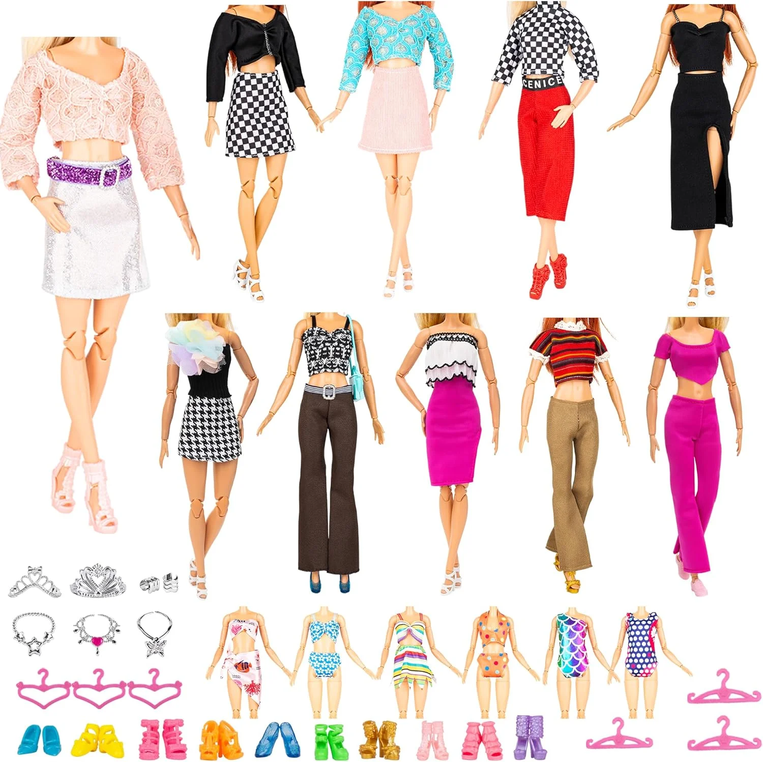 ست هدیه 39 تکه لباس و لوازم جانبی مدرن جدید Keysse 2023 - شامل 10 ست لباس سری مدرن شامل 5 پیراهن، 5 تاپ، 5 شلوار و 3 مایو، 22 لوازم جانبی