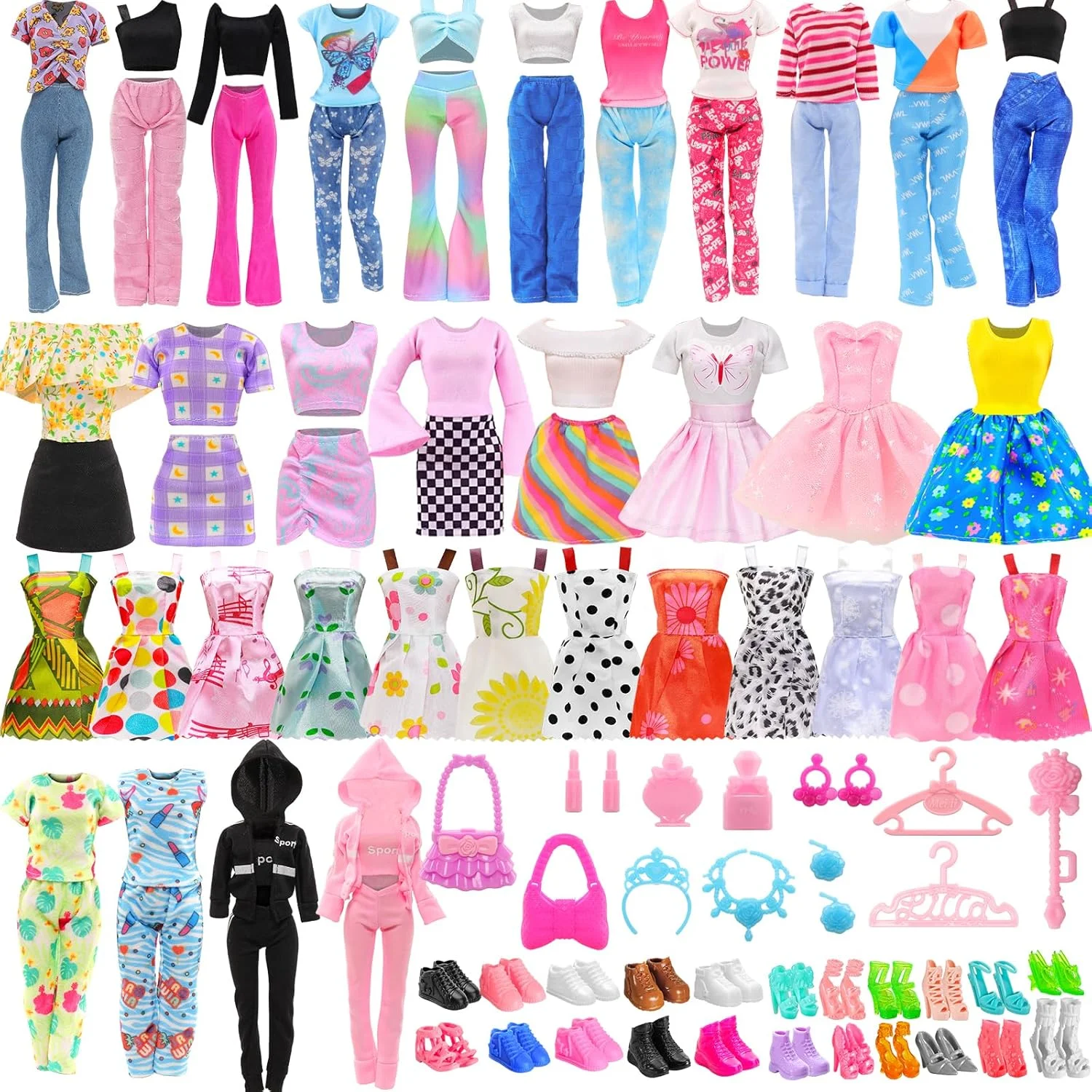 ENOCHT Joyfun بسته 48 عددی لباس و لوازم جانبی عروسک دخترانه، شامل 5 ست لباس مد، 5 تاپ، 5 شلوار، 10 مینی لباس، 10 کفش و 18 لوازم جانبی برای عروسک های 11.5 اینچی