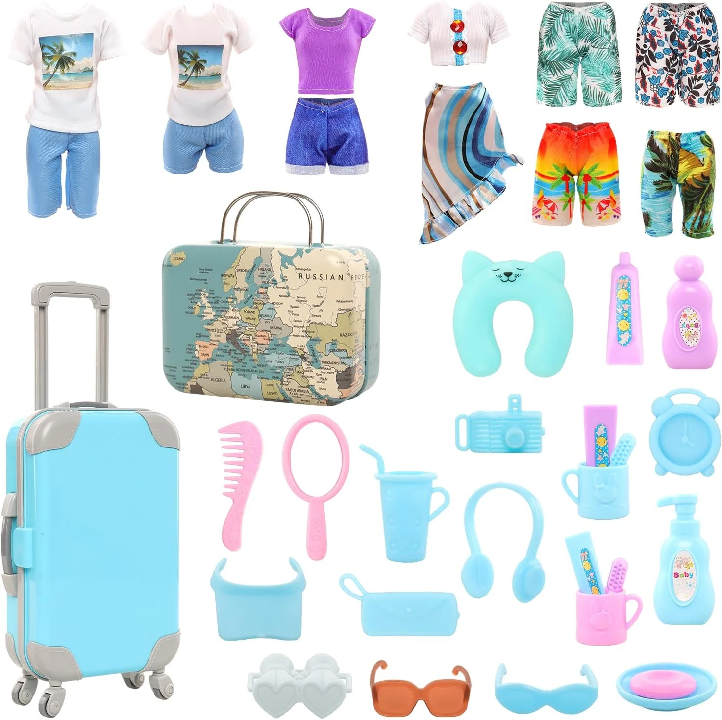 Miunana 29 تکه لباس و لوازم جانبی مسافرتی عروسک، چمدان آبی، 2 دست لباس عروسک دخترانه، 1 دست لباس عروسک کن، 8 لوازم جانبی زندگی، 12 لوازم جانبی شستشو، تلسکوپ، عینک آفتابی (عروسک شامل نمی شود)