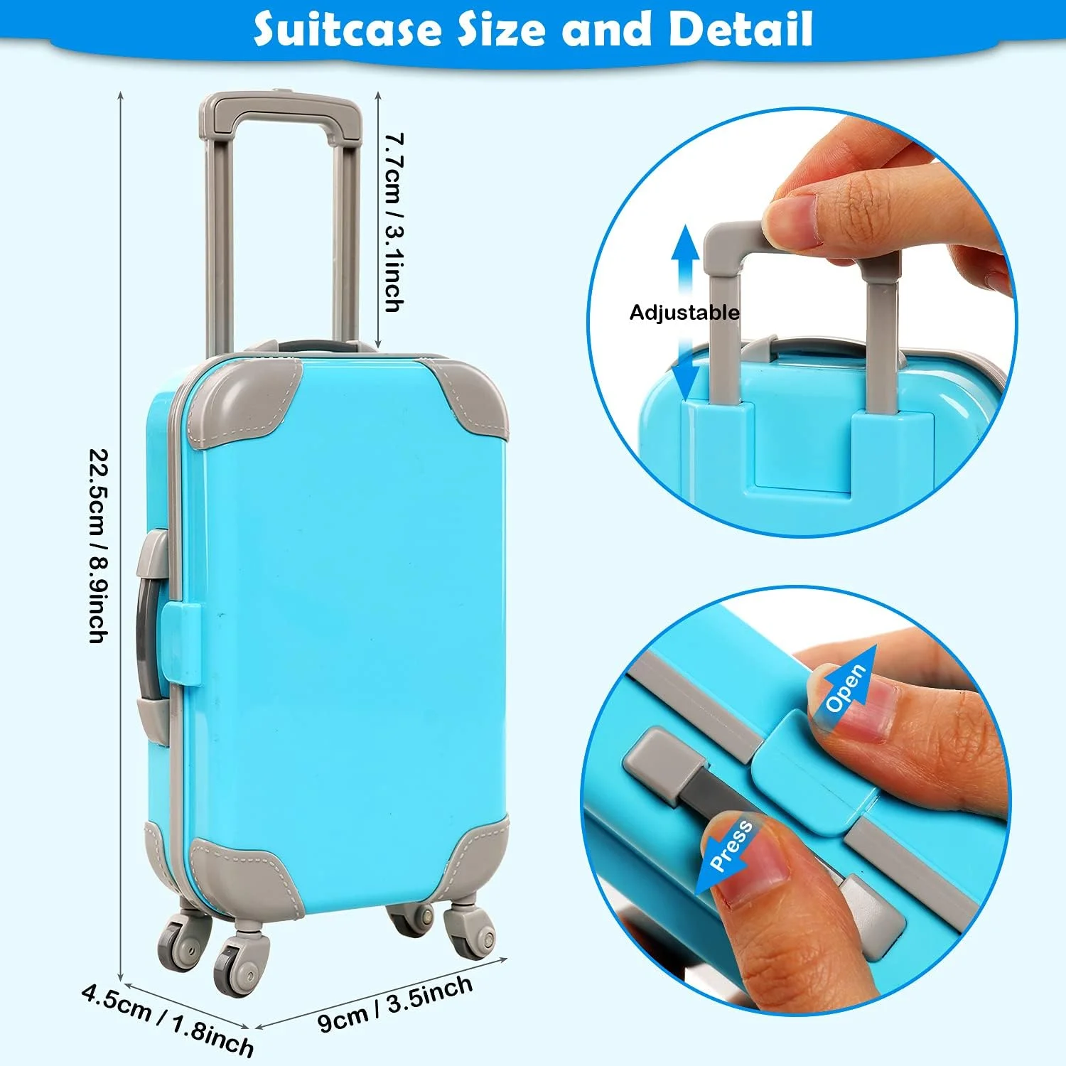 Miunana 29 تکه لباس و لوازم جانبی مسافرتی عروسک، چمدان آبی، 2 دست لباس عروسک دخترانه، 1 دست لباس عروسک کن، 8 لوازم جانبی زندگی، 12 لوازم جانبی شستشو، تلسکوپ، عینک آفتابی (عروسک شامل نمی شود)