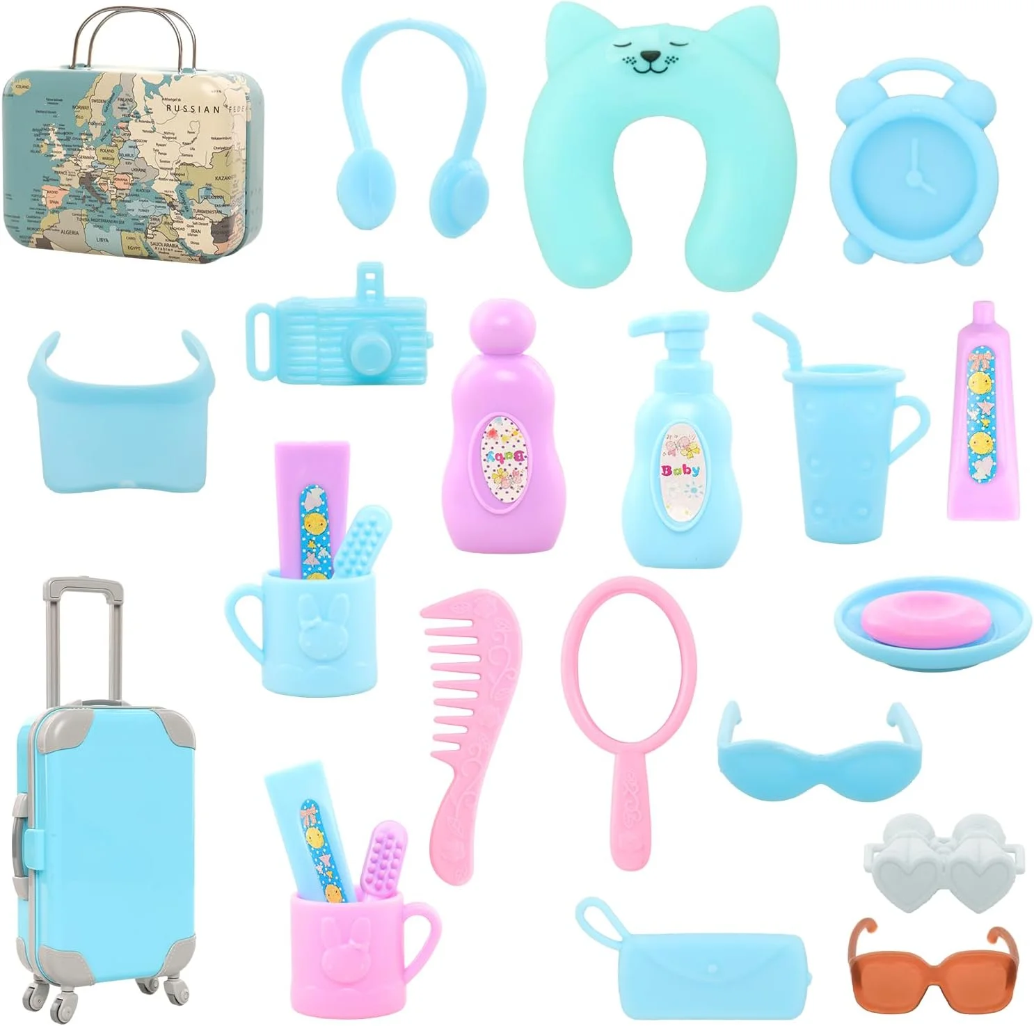 Miunana 29 تکه لباس و لوازم جانبی مسافرتی عروسک، چمدان آبی، 2 دست لباس عروسک دخترانه، 1 دست لباس عروسک کن، 8 لوازم جانبی زندگی، 12 لوازم جانبی شستشو، تلسکوپ، عینک آفتابی (عروسک شامل نمی شود)