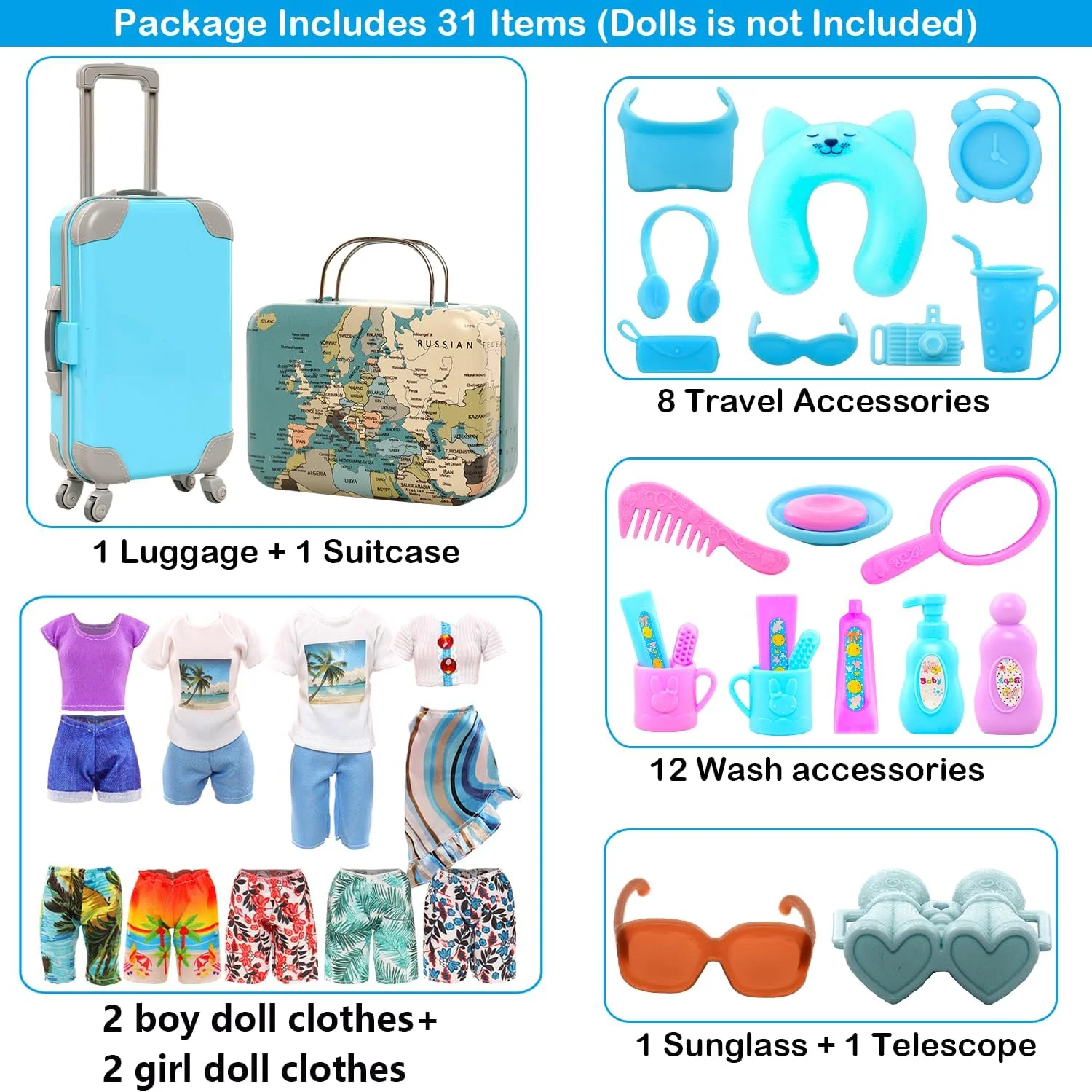 Miunana 29 تکه لباس و لوازم جانبی مسافرتی عروسک، چمدان آبی، 2 دست لباس عروسک دخترانه، 1 دست لباس عروسک کن، 8 لوازم جانبی زندگی، 12 لوازم جانبی شستشو، تلسکوپ، عینک آفتابی (عروسک شامل نمی شود)