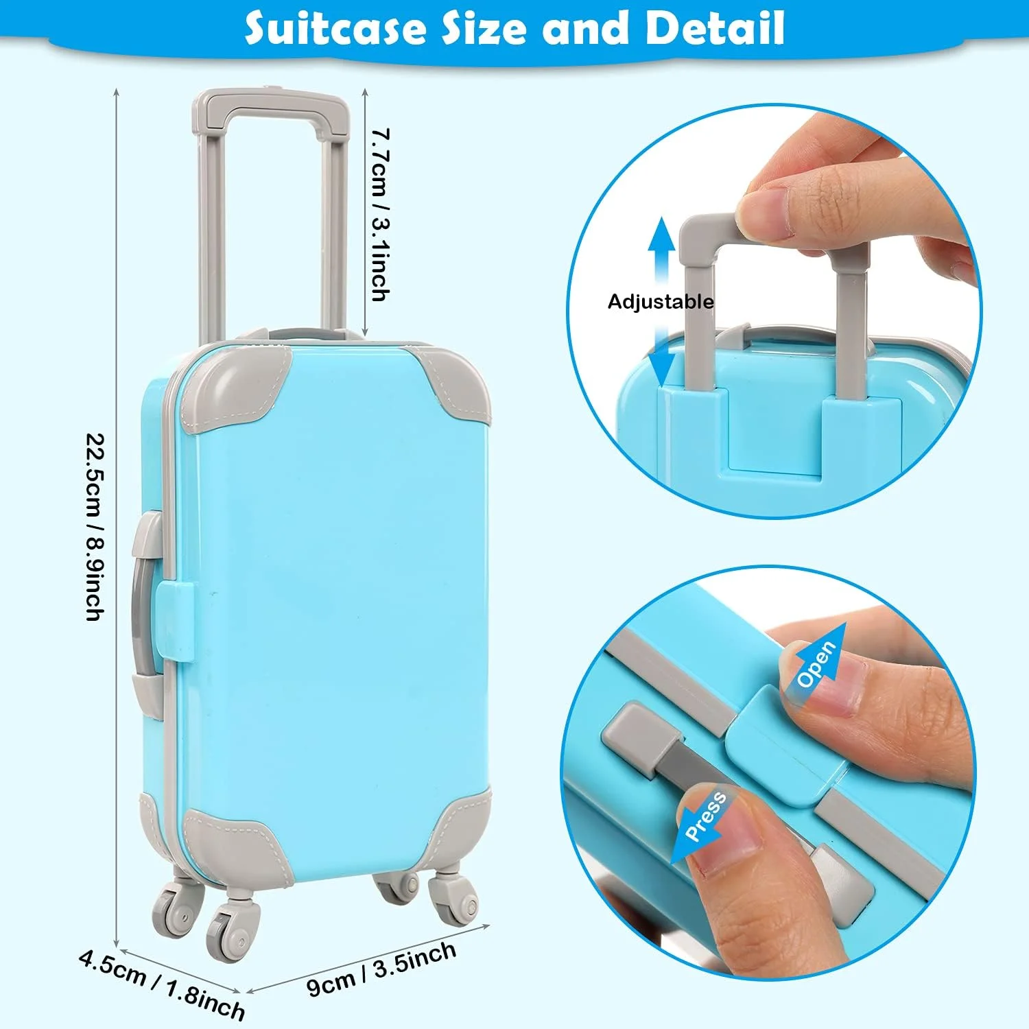 Miunana 29 تکه لباس و لوازم جانبی مسافرتی عروسک، چمدان آبی، 2 دست لباس عروسک دخترانه، 1 دست لباس عروسک کن، 8 لوازم جانبی زندگی، 12 لوازم جانبی شستشو، تلسکوپ، عینک آفتابی (عروسک شامل نمی شود)