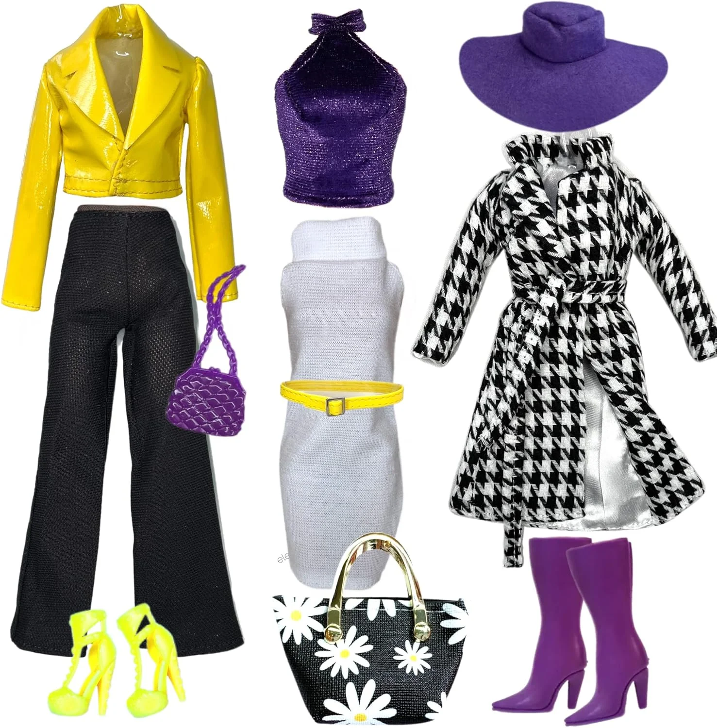 لباس عروسک Eledoll، بسته مد لوکس Boss Lady برای عروسک فشن 12 اینچی، زرد بنفش