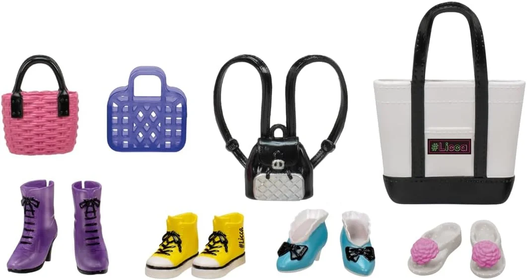 تاکارا تومی (TAKARA TOMY) لباس عروسک Licca-chan تاکارا، مجموعه 8 عددی - کیف دستی، کوله پشتی کوچک، کیف سبدی، کیف توری، کفش کتانی ساق بلند، چکمه کوتاه، چکمه چین دار، صندل