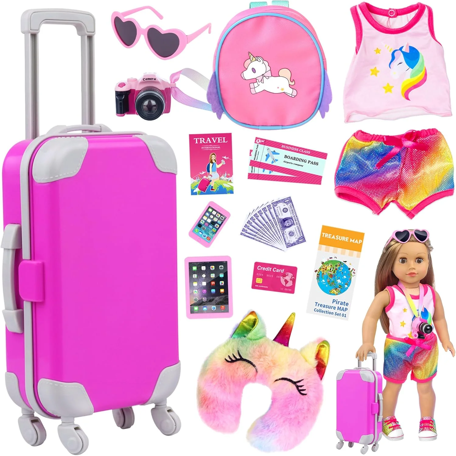 مجموعه 24 تکه لباس و چمدان عروسک آمریکایی ZITA ELEMENT، شامل لباس عروسک 18 اینچی، کوله پشتی و سایر ست های مسافرتی