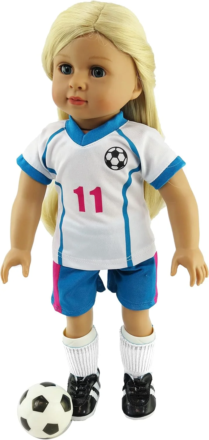 ست لباس فوتبال صورتی و آبی امریکن فشن ورلد برای عروسک های 18 اینچی | 6 تکه | کیفیت عالی و طراحی مد روز | لباس عروسک | لباس های مد روز برای عروسک ها برای مارک های محبوب