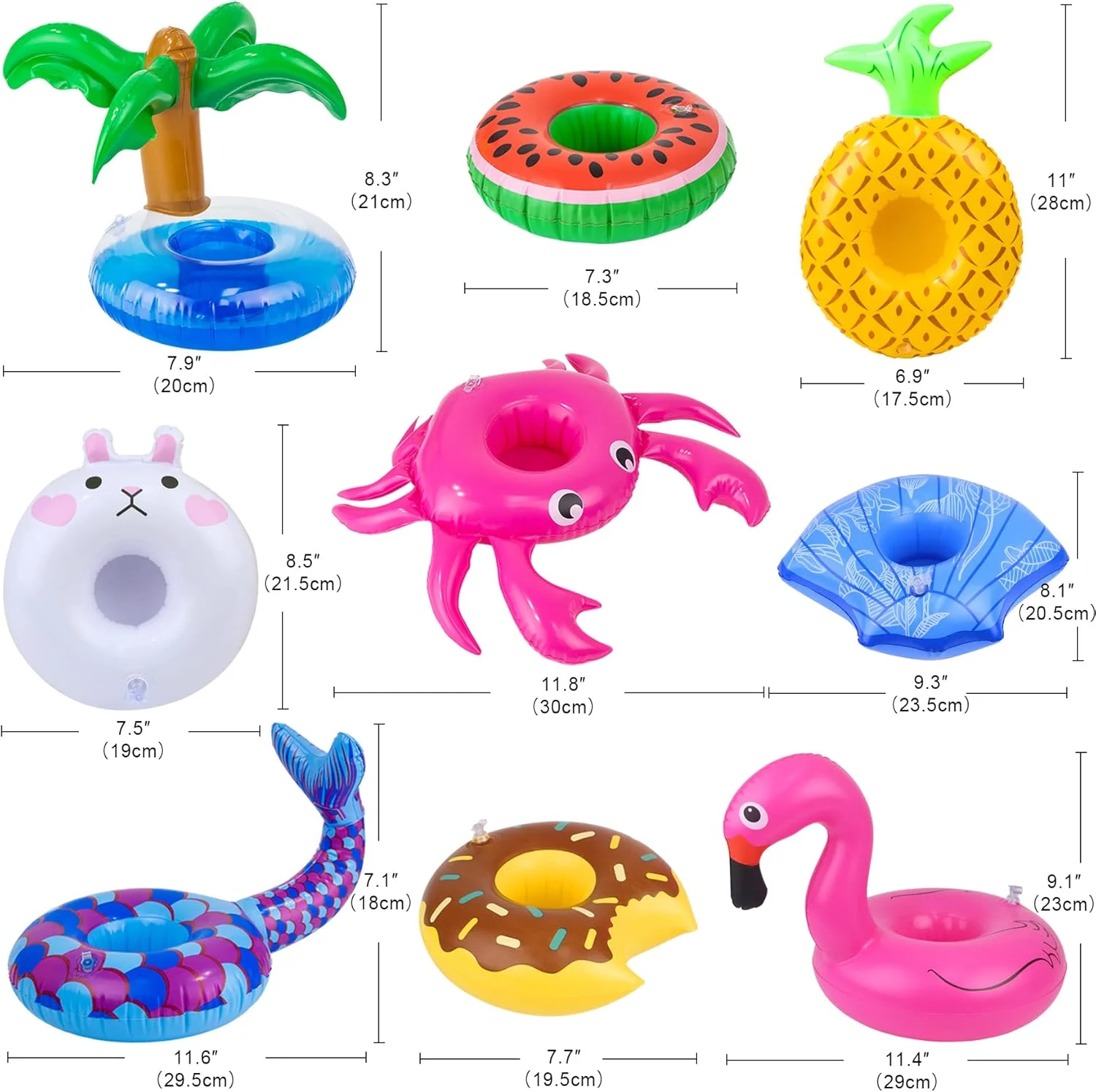 18INDC مجموعه 9 عددی شناور بادی استخر عروسکی شامل - فلامینگو، دونات، آناناس، صدف، خرچنگ، خرگوش، جا لیوانی بادی برای مهمانی استخر و اسباب بازی های کودکان