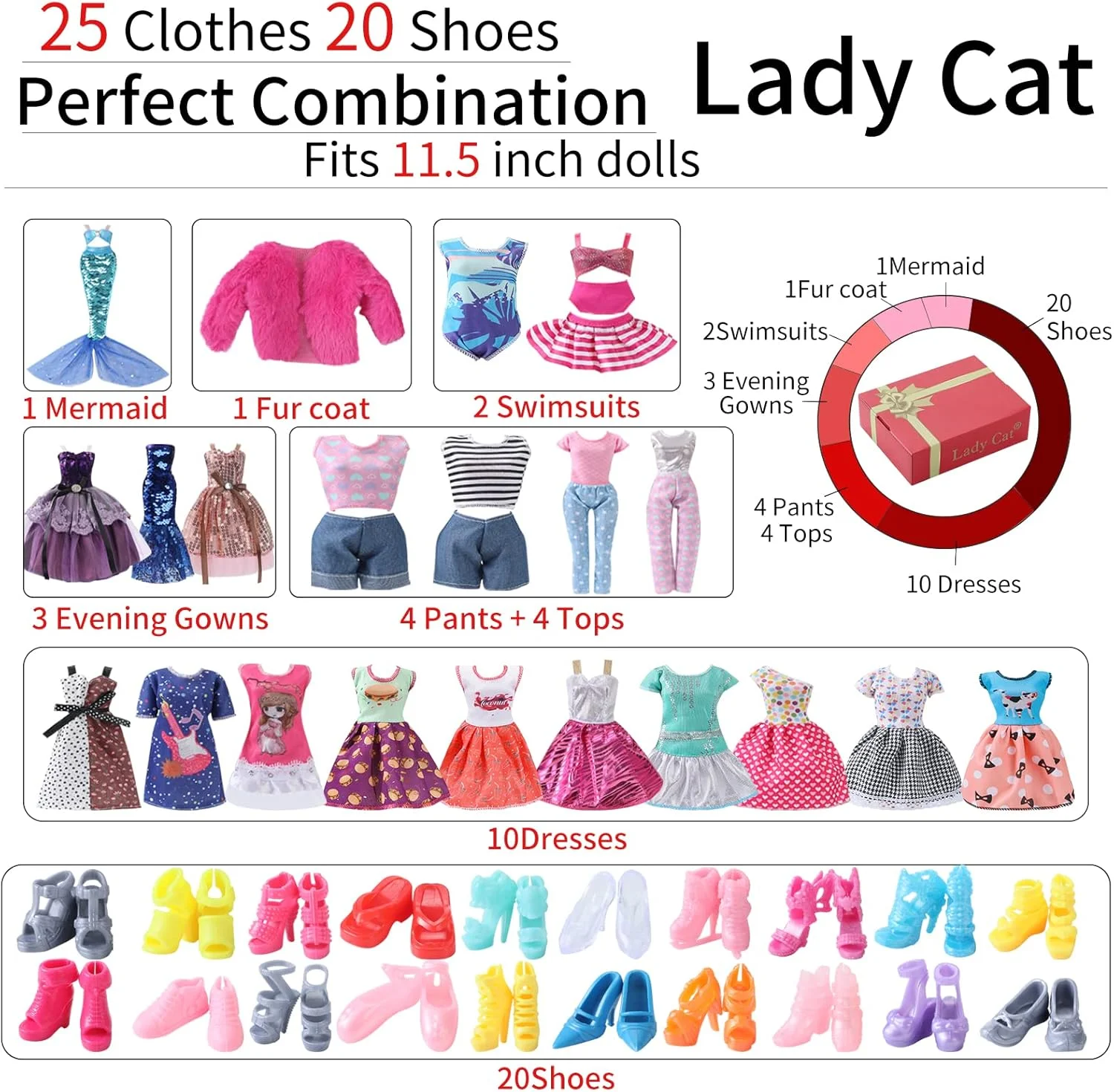 لباس و لوازم جانبی عروسک 11.5 اینچی Lady Cat، بسته بندی جعبه ای با استایل تصویری 20 لباس و 20 کفش، مناسب برای هدیه به دختران کوچک. (عروسک شامل نمی شود)
