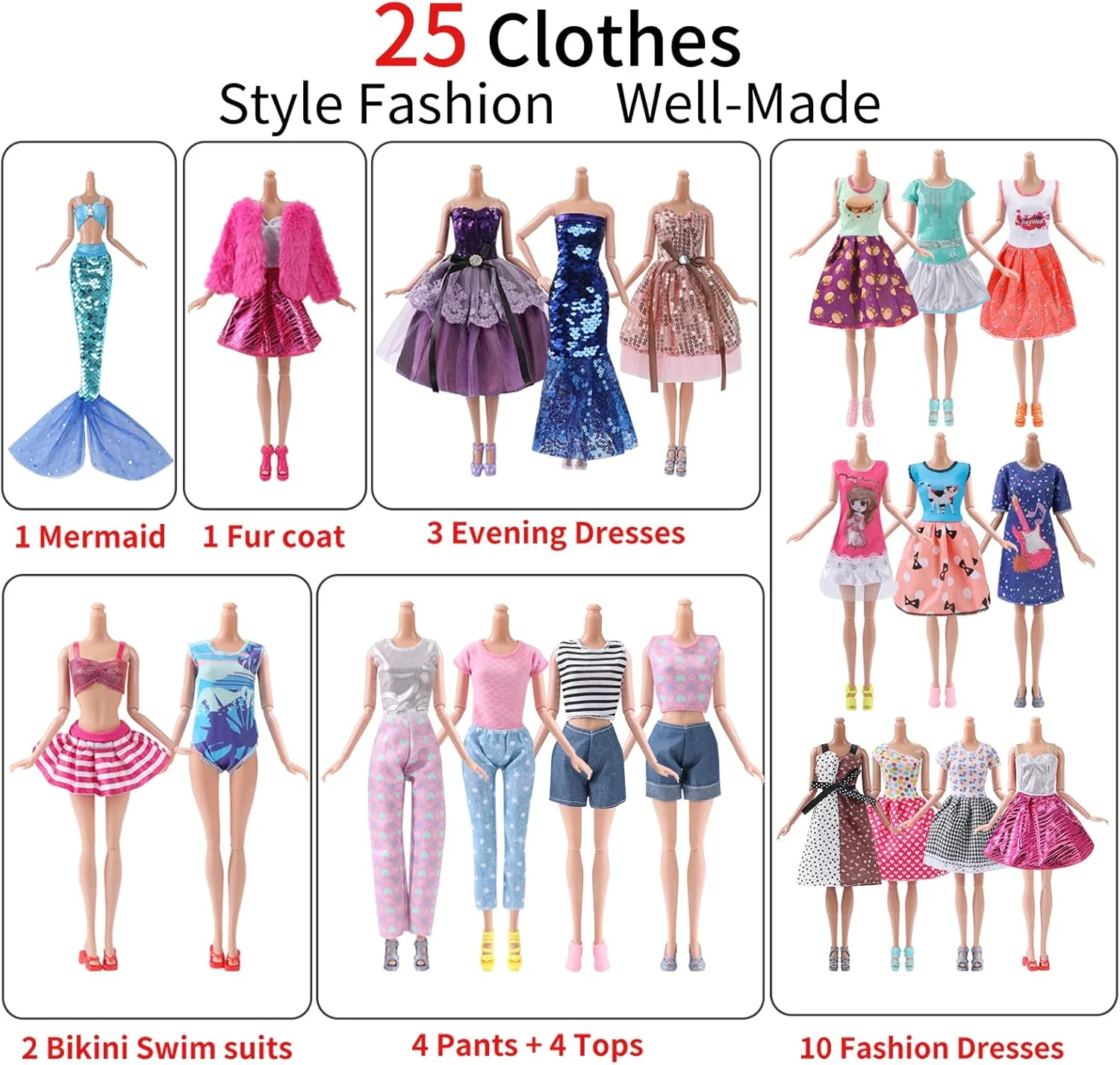 لباس و لوازم جانبی عروسک 11.5 اینچی Lady Cat، بسته بندی جعبه ای با استایل تصویری 20 لباس و 20 کفش، مناسب برای هدیه به دختران کوچک. (عروسک شامل نمی شود)