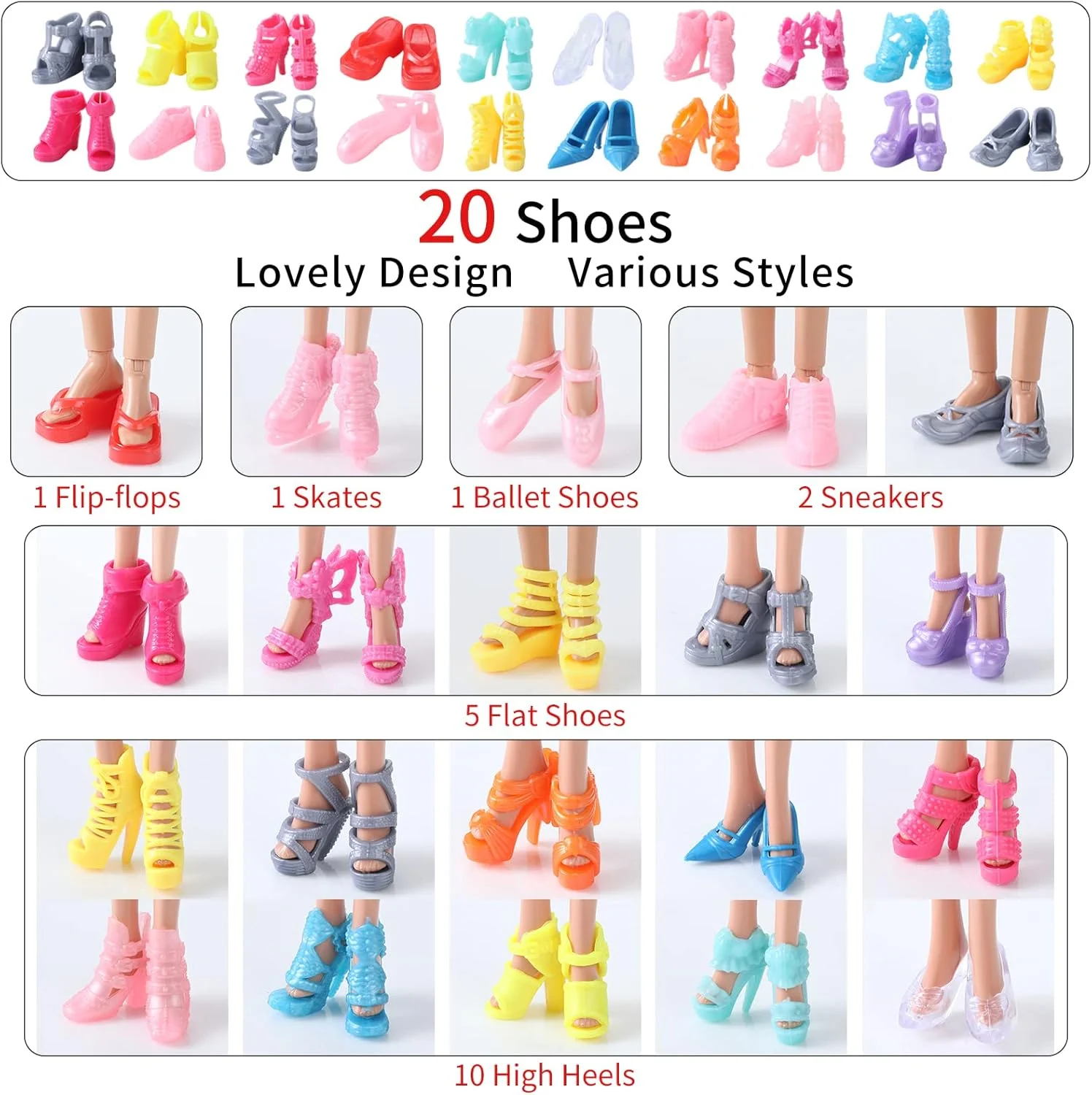 لباس و لوازم جانبی عروسک 11.5 اینچی Lady Cat، بسته بندی جعبه ای با استایل تصویری 20 لباس و 20 کفش، مناسب برای هدیه به دختران کوچک. (عروسک شامل نمی شود)