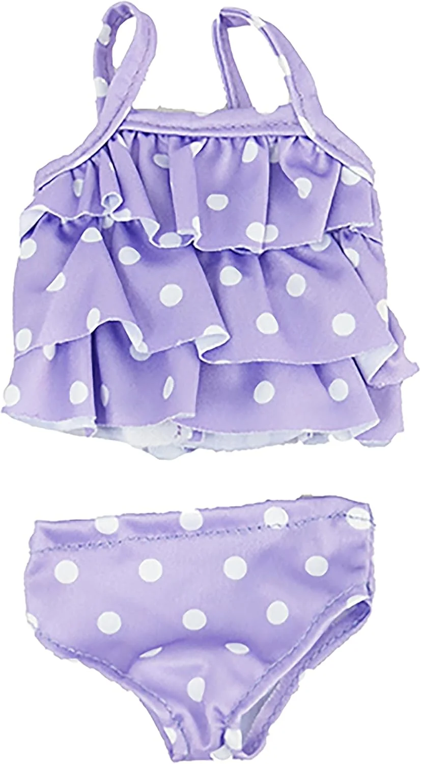 لباس شنای خالدار بنفش امریکن فشن ورلد برای عروسک های 14 اینچی | کیفیت عالی و طراحی مد روز | لباس عروسک | مدهای لباس برای عروسک ها برای برندهای محبوب