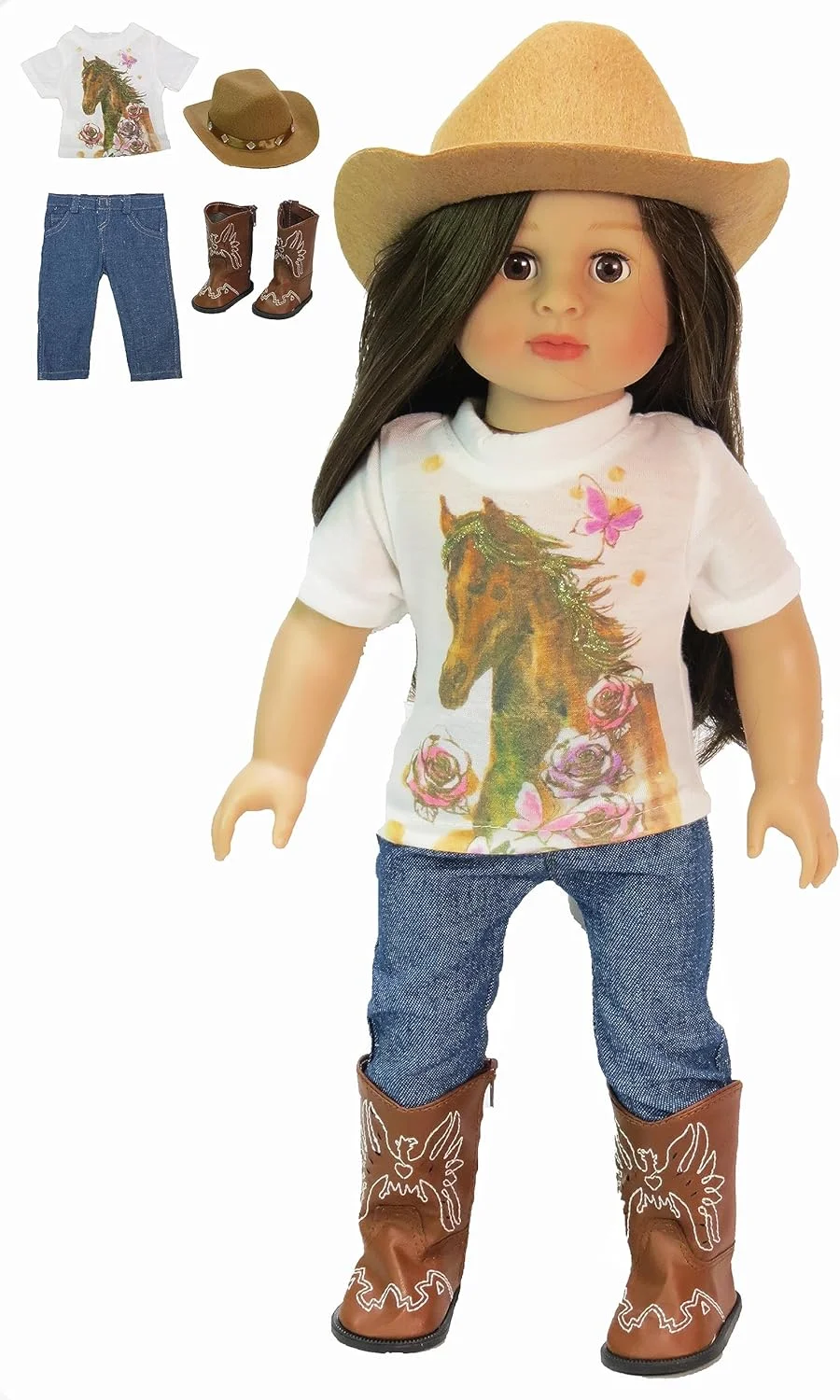 لباس گاوچران اسب با چکمه و کلاه برای عروسک های 18 اینچی | کیفیت عالی و طراحی مد روز | لباس عروسک | مدهای لباس برای عروسک ها برای مارک های محبوب - عروسک شامل نمی شود