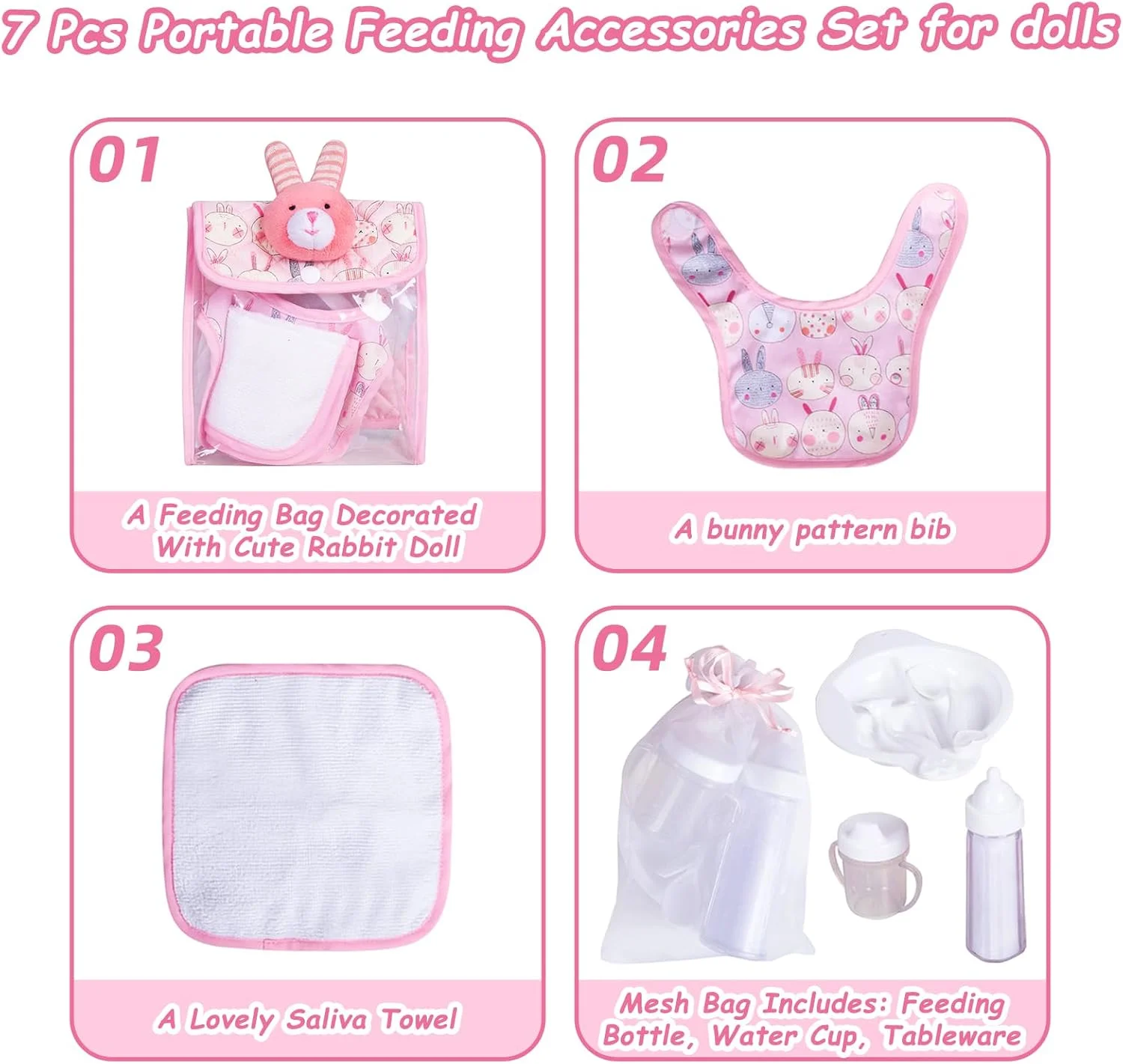 ست تغذیه عروسک راکی دولی، شامل کیف وسایل، بشقاب به همراه قاشق، چنگال، شیشه شیر، فنجان آبمیوه، حوله و پیش بند