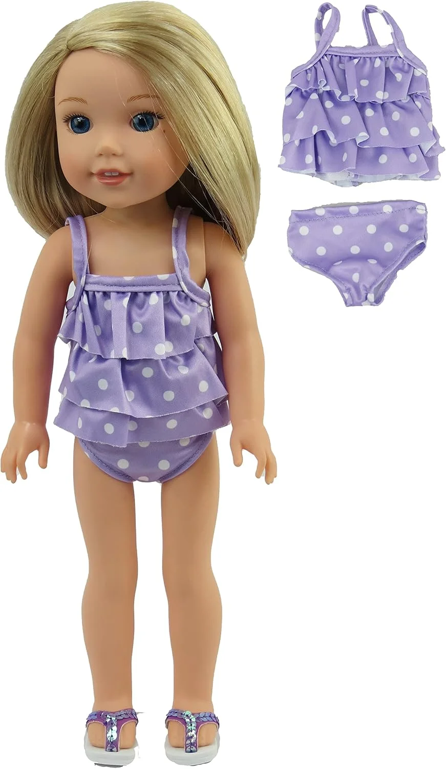 لباس شنای خالدار بنفش امریکن فشن ورلد برای عروسک های 14 اینچی | کیفیت عالی و طراحی مد روز | لباس عروسک | مدهای لباس برای عروسک ها برای برندهای محبوب