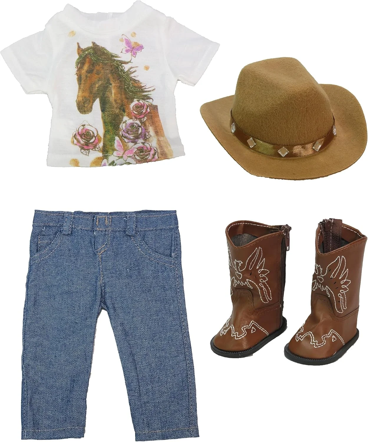 لباس گاوچران اسب با چکمه و کلاه برای عروسک های 18 اینچی | کیفیت عالی و طراحی مد روز | لباس عروسک | مدهای لباس برای عروسک ها برای مارک های محبوب - عروسک شامل نمی شود