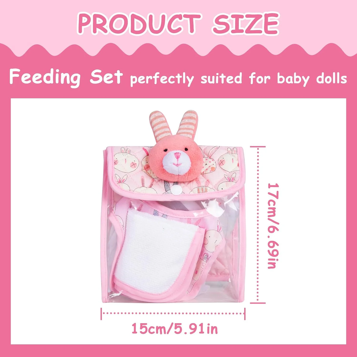 ست تغذیه عروسک راکی دولی، شامل کیف وسایل، بشقاب به همراه قاشق، چنگال، شیشه شیر، فنجان آبمیوه، حوله و پیش بند