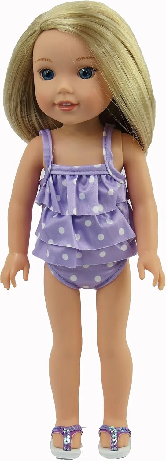 لباس شنای خالدار بنفش امریکن فشن ورلد برای عروسک های 14 اینچی | کیفیت عالی و طراحی مد روز | لباس عروسک | مدهای لباس برای عروسک ها برای برندهای محبوب