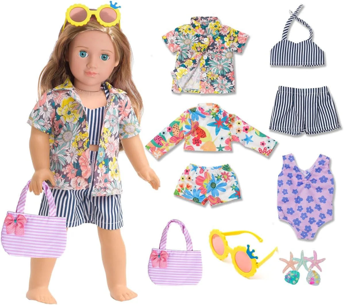 ست لباس ساحلی تابستانی مد روز Sweet Dolly برای عروسک 18 اینچی، شامل پیراهن مد، مایو بیکینی و کیف دستی (عروسک شامل نمی شود)