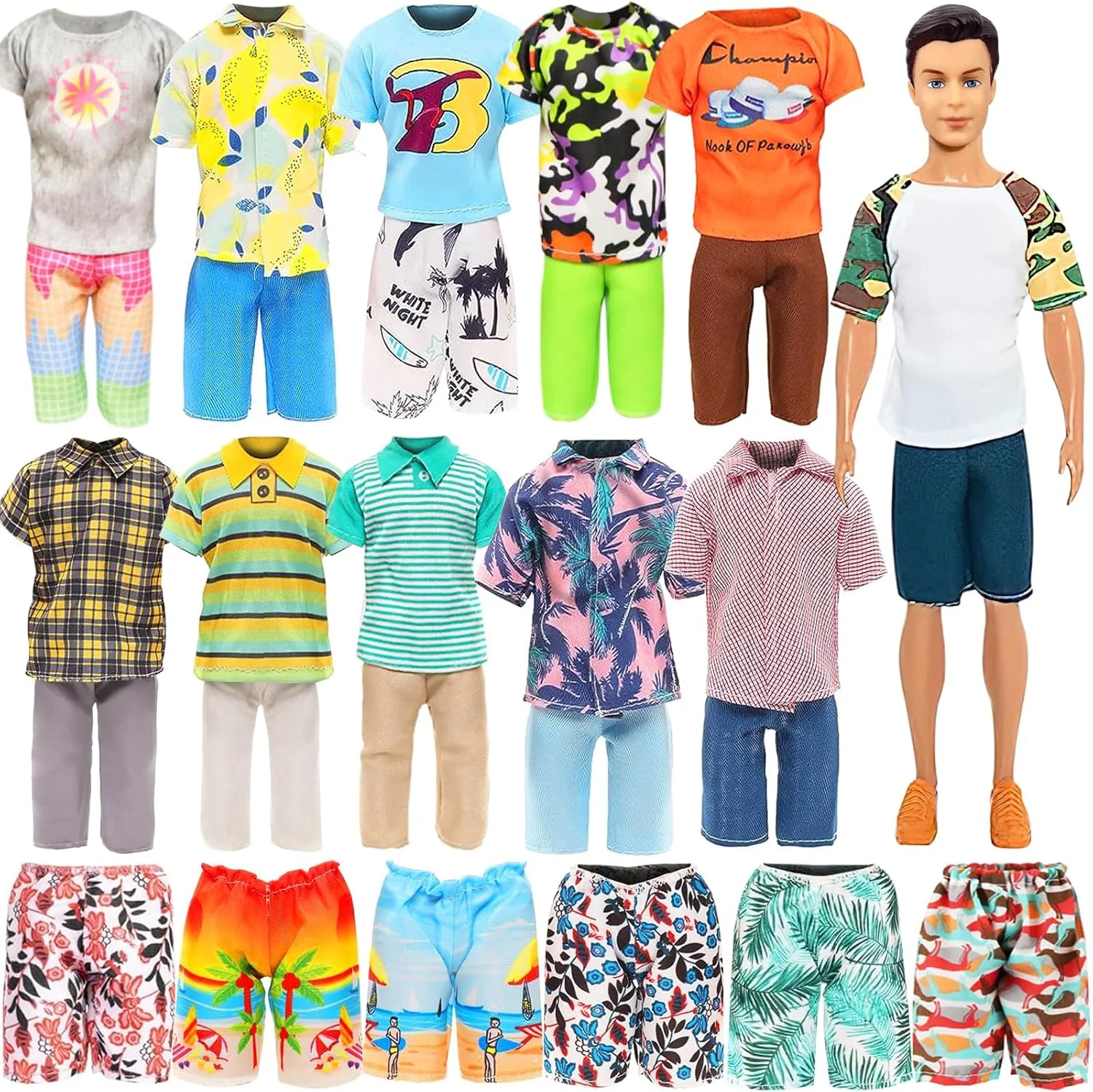 لباس عروسک تابستانی 8 تکه UNICORN ELEMENT برای عروسک پسرانه 12 اینچی شامل 4 ست تی شرت + شلوار، 4 جفت مایو (مدل تصادفی)