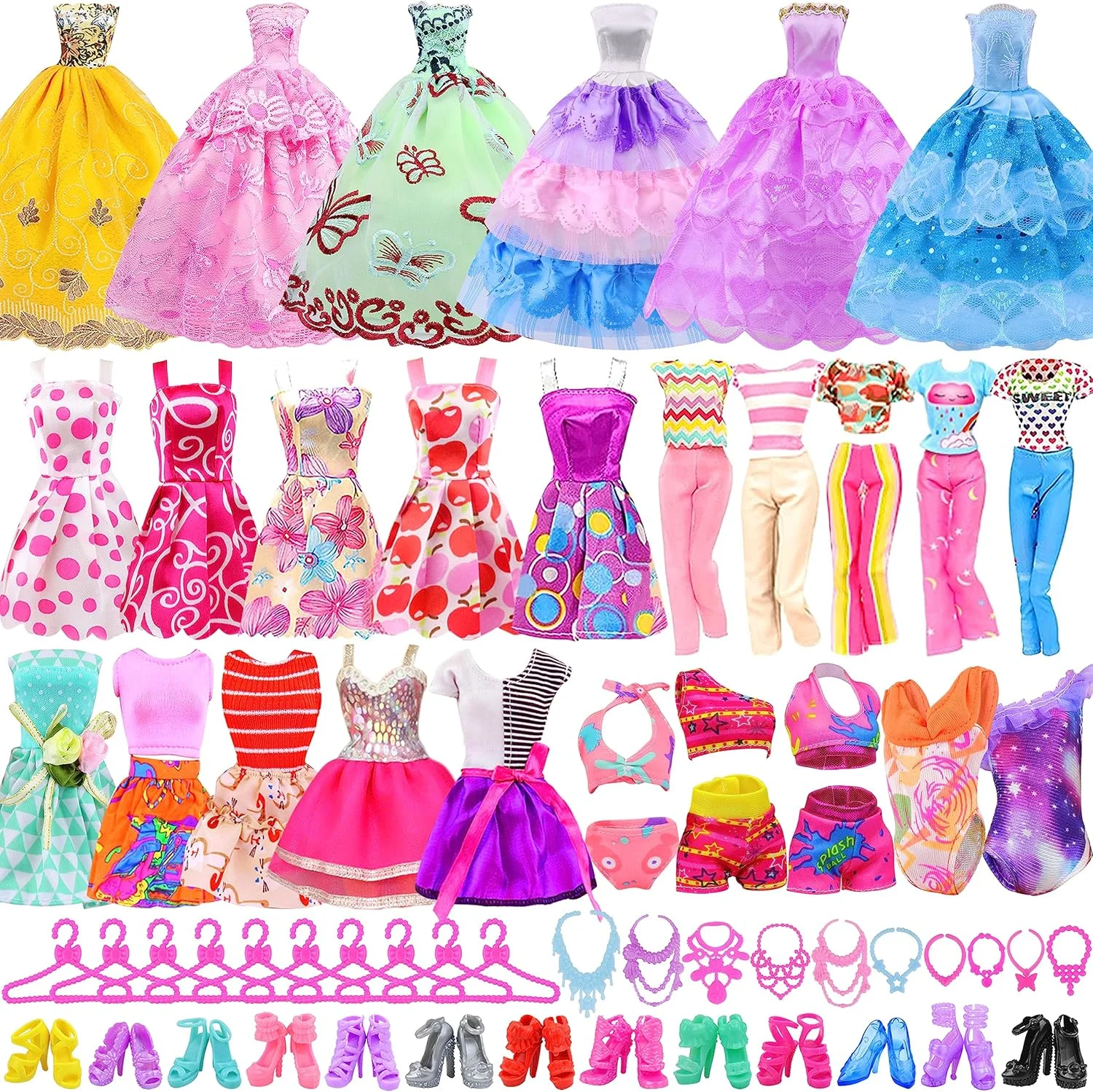 یونیکورن المنت 43 تکه لباس و لوازم جانبی عروسک، شامل 2 دامن، 2 دامن فانتزی، 5 مینی دامن، 2 لباس شنا، 2 لباس فانتزی، 10 جفت کفش، 10 چوب لباسی، 10 گردنبند برای عروسک 11.5 اینچی