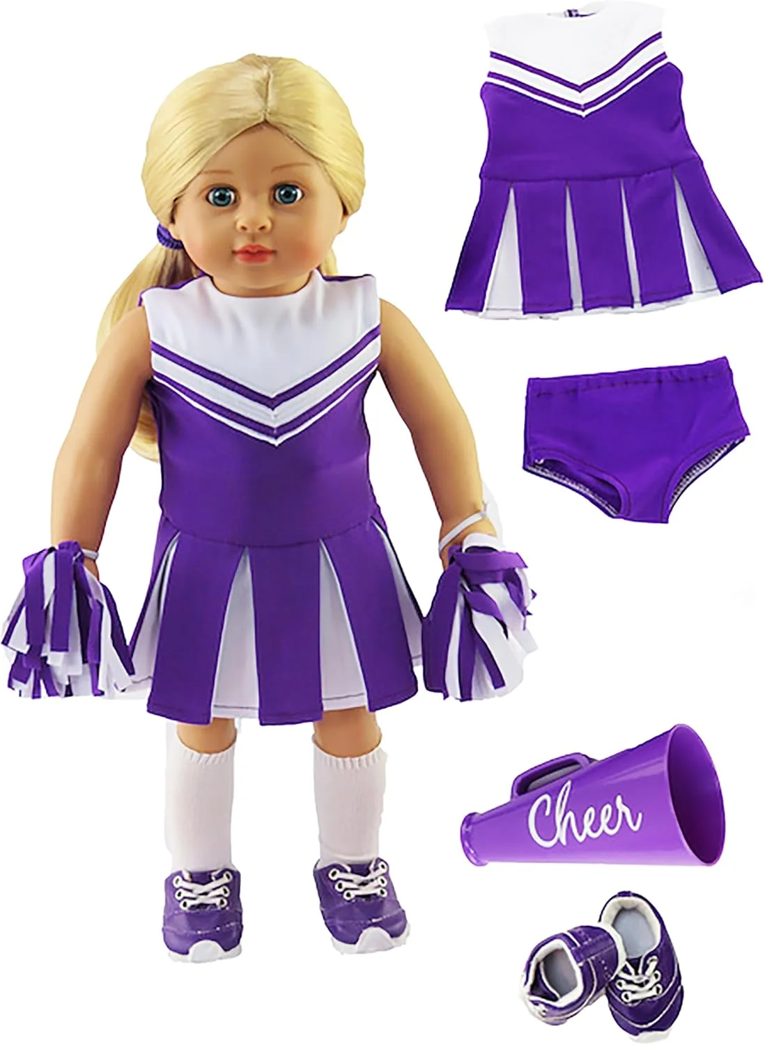 لباس تشویق کننده بنفش امریکن فشن ورلد برای عروسک های 18 اینچی | شامل لوازم جانبی | کیفیت عالی و طراحی مد روز | لباس عروسک | مدهای لباس برای عروسک ها برای مارک های محبوب