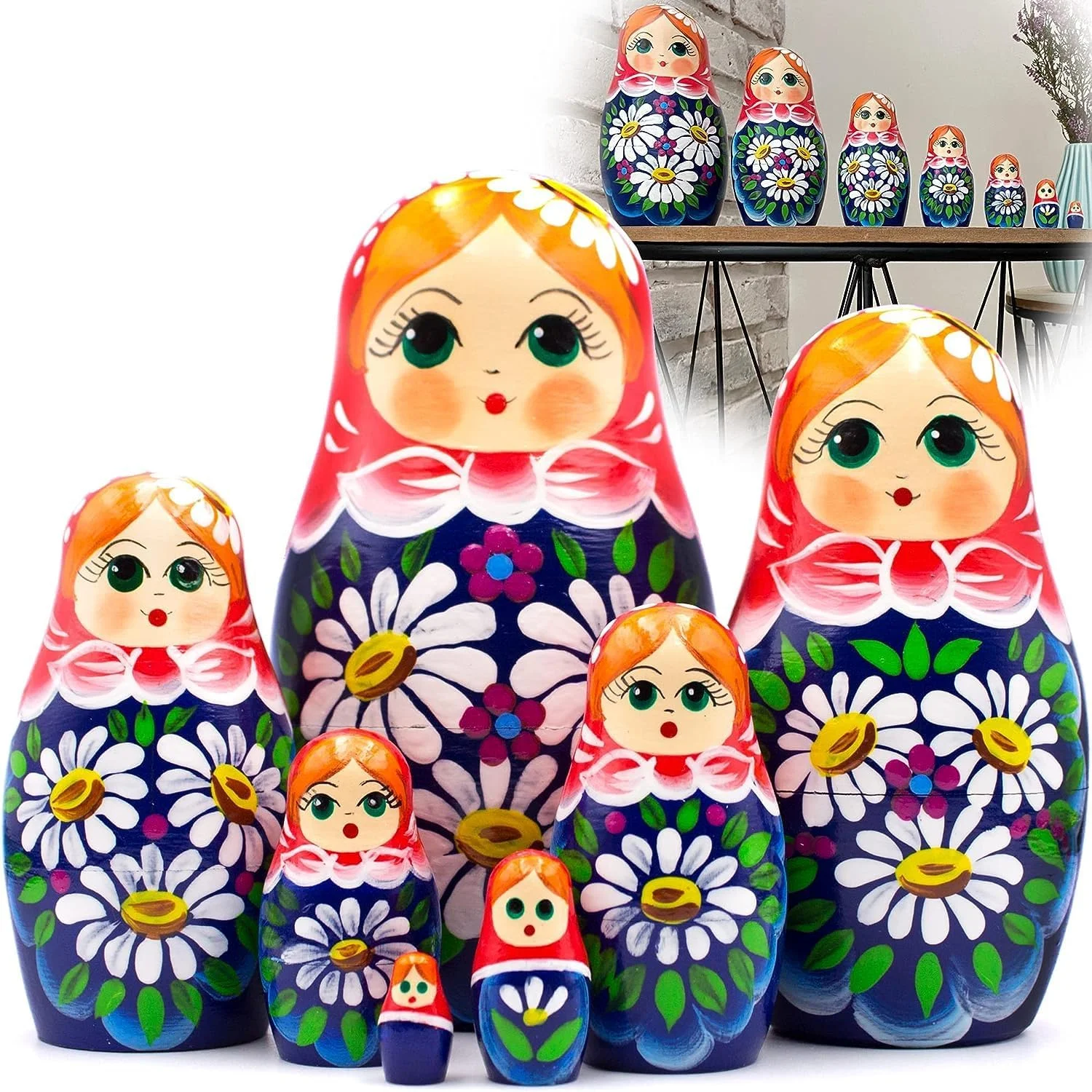 PEYNIR مجموعه 7 عددی عروسک های ماتروشکا روسی در لباس سارافان با دسته گل، عروسک های روسی دست ساز، جعبه جواهرات تودرتو
