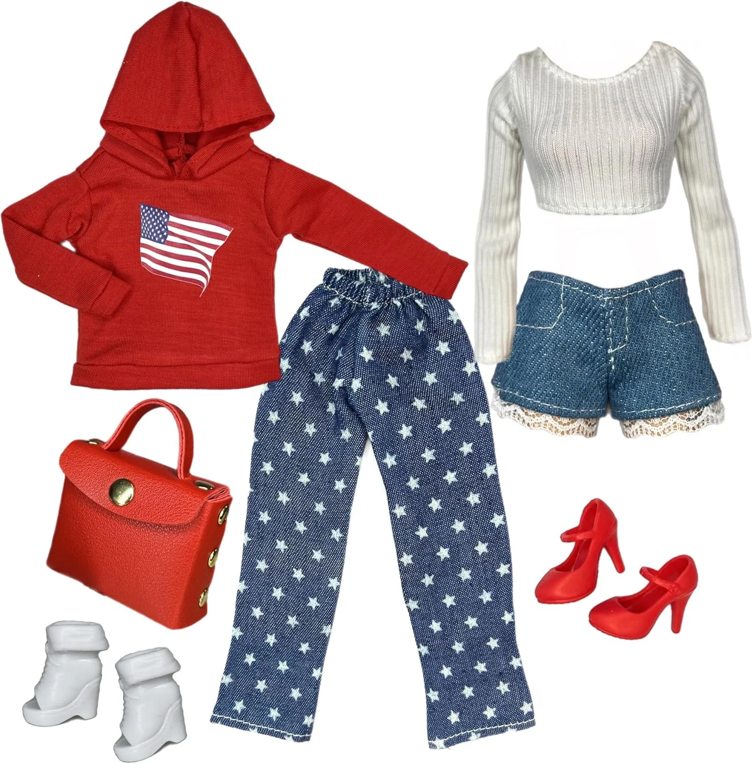 ست لباس فشن Eledoll برای عروسک 12 اینچی طرح دوست دارم آمریکا، مناسب تعطیلات 4 جولای، روز استقلال/ روز یادبود/ انتخابات ریاست جمهوری 2024