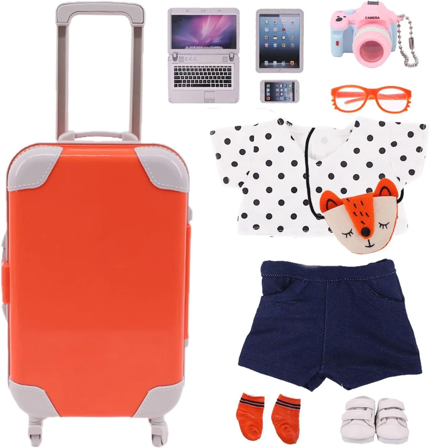 ست اسباب بازی چمدان مسافرتی 18 اینچی Sunportzida به همراه لباس عروسک شامل کفش، جوراب، عینک آفتابی، دوربین، کامپیوتر، لپ تاپ، تبلت، تلفن و کیف