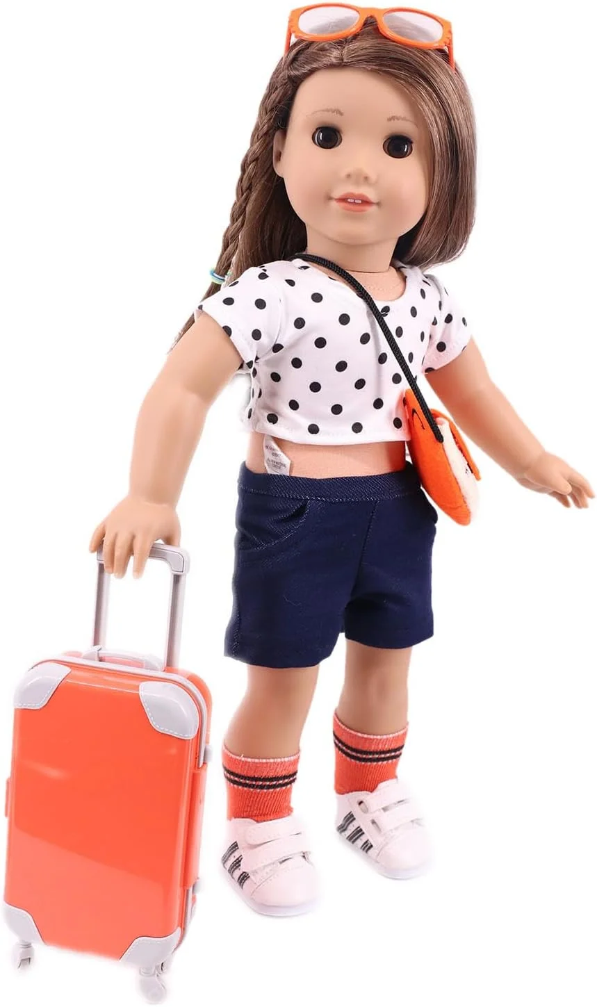 ست اسباب بازی چمدان مسافرتی 18 اینچی Sunportzida به همراه لباس عروسک شامل کفش، جوراب، عینک آفتابی، دوربین، کامپیوتر، لپ تاپ، تبلت، تلفن و کیف